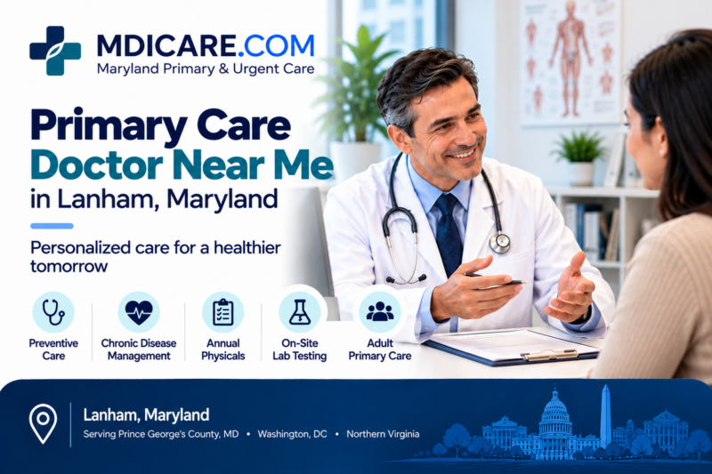 Male primary care physician consulting with an adult patient at Maryland Primary & Urgent Care in Lanham, Maryland, offering preventive care, annual physicals, chronic disease management, and on-site lab testing.