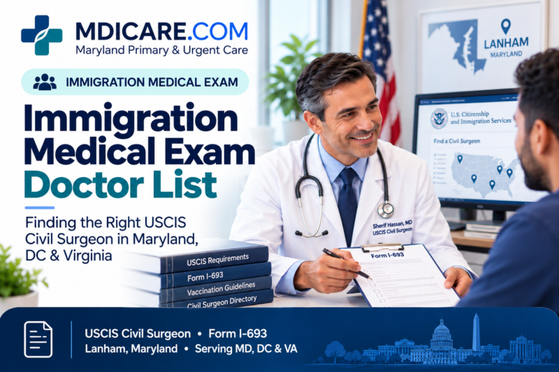 Male physician consulting with a patient about USCIS Form I-693 immigration medical exams at Maryland Primary & Urgent Care in Lanham, serving Maryland, Washington DC, and Virginia