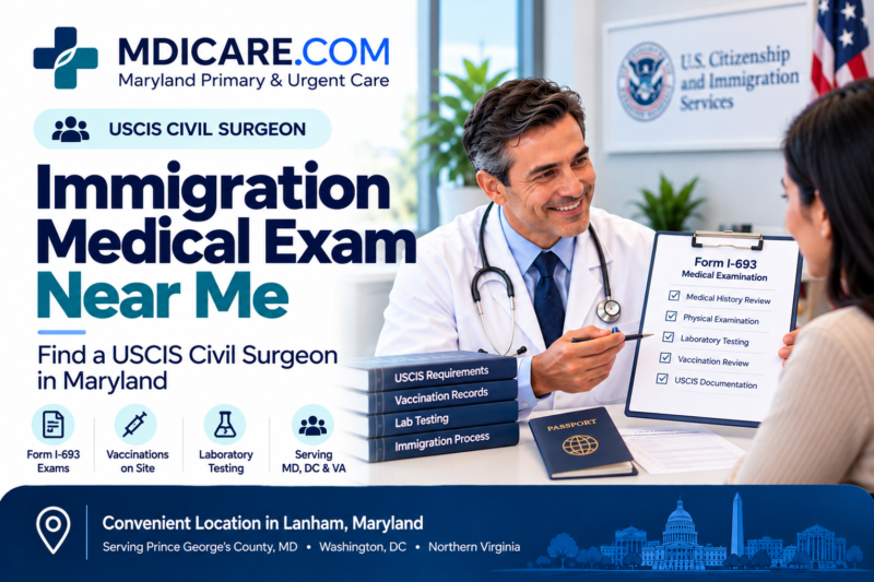 Male USCIS civil surgeon discussing Form I-693 immigration medical exams, on-site vaccinations, and laboratory testing with a patient at Maryland Primary & Urgent Care in Lanham, Maryland