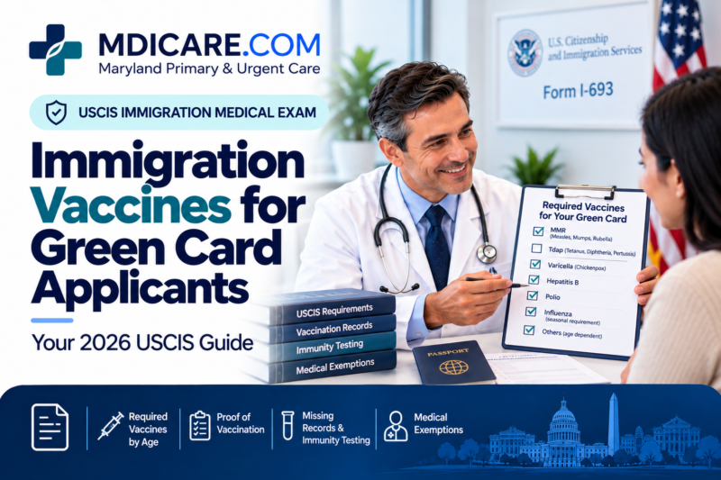 Male physician discussing USCIS immigration vaccine requirements, vaccination records, and immunity testing with a green card applicant in Lanham, Maryland.