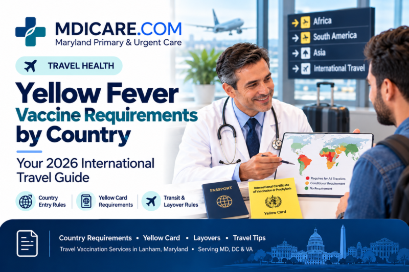 Male physician at Maryland Primary & Urgent Care in Lanham discussing yellow fever vaccine requirements by country, travel itineraries, and Yellow Card certification with an international traveler.