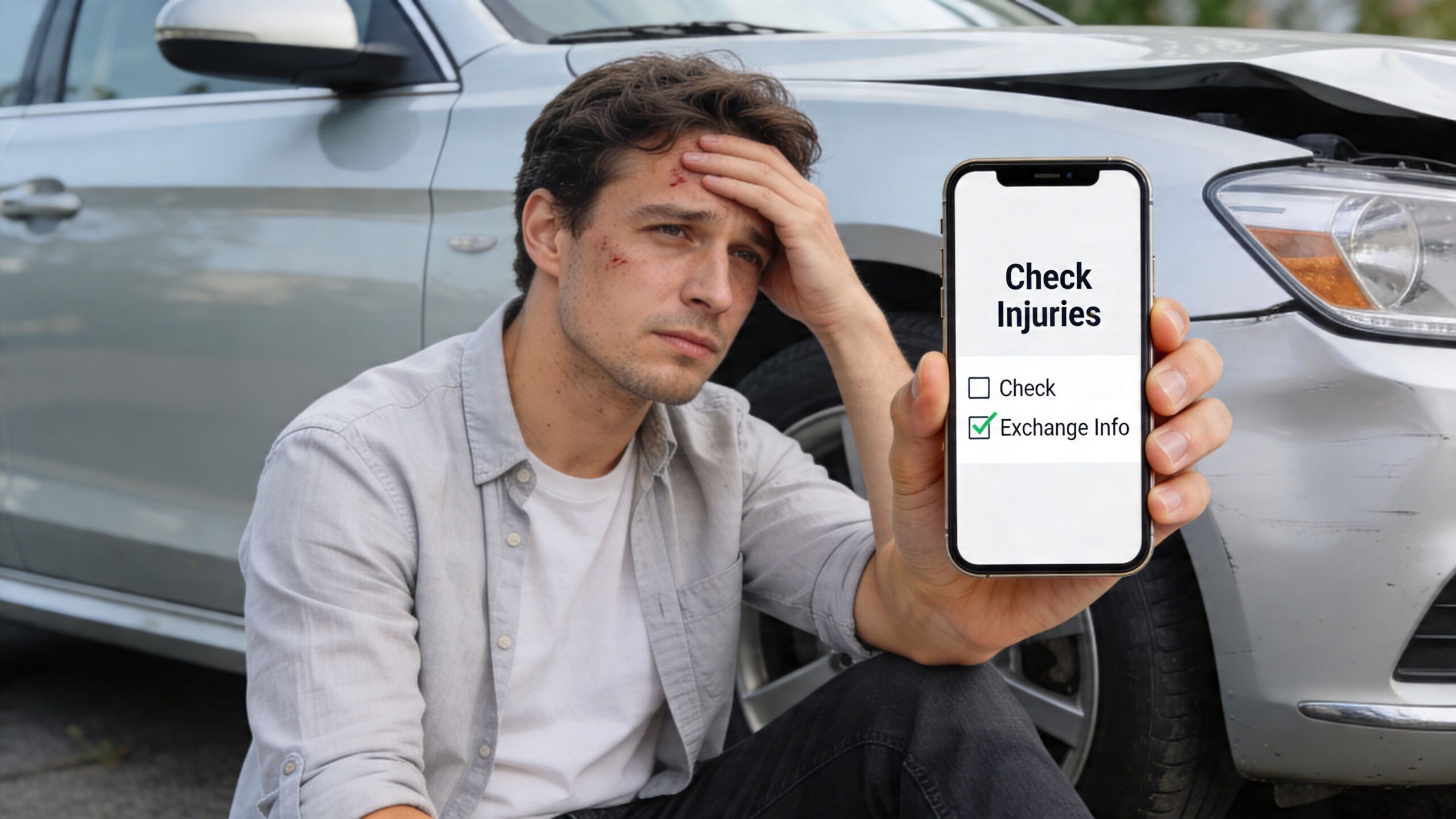 A distressed man holding a smartphone showing injury check options after a vehicle collision accident.