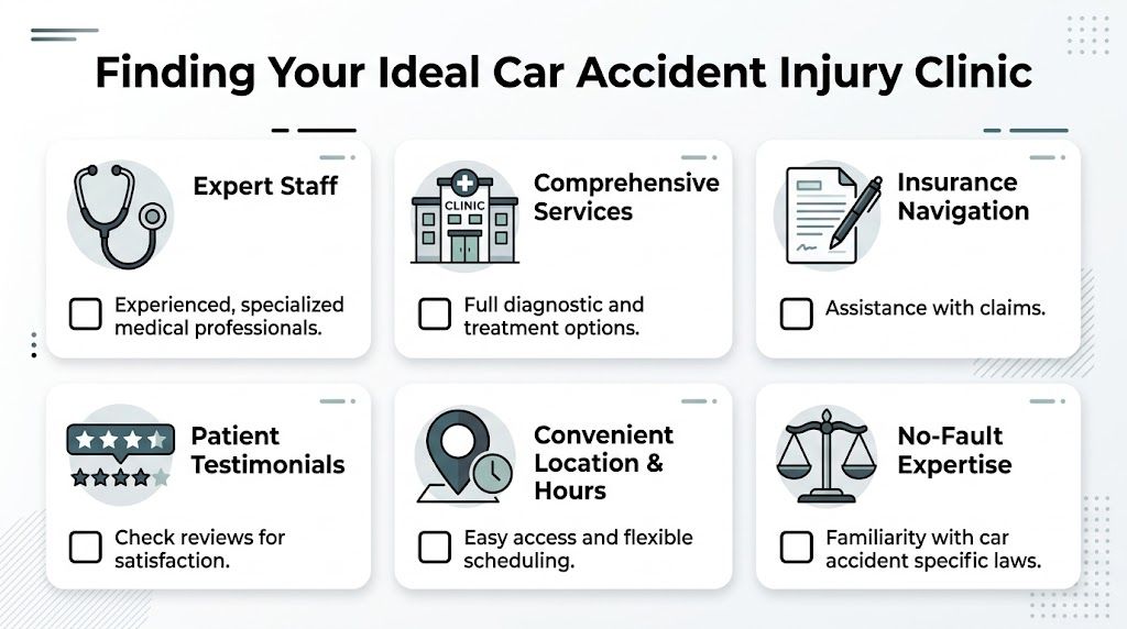 An infographic titled Finding Your Ideal Car Accident Injury Clinic, outlining six key factors to consider.