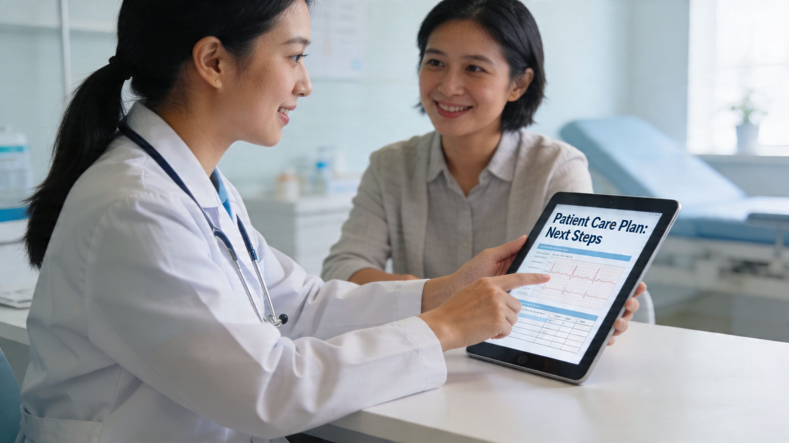 A female doctor reviewing a patient's care plan and cardiac health results on a digital tablet screen.