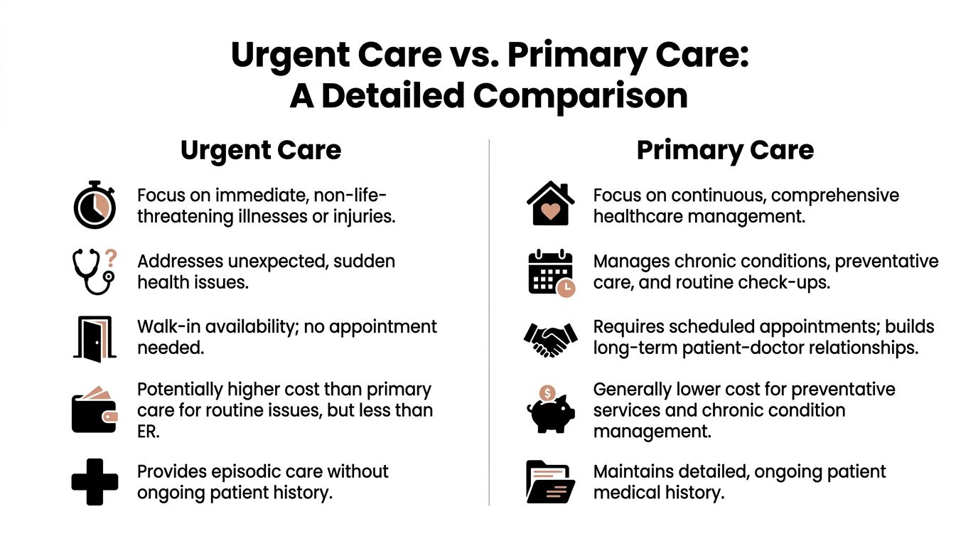A comparison chart outlining the key differences between urgent care and primary care medical services.