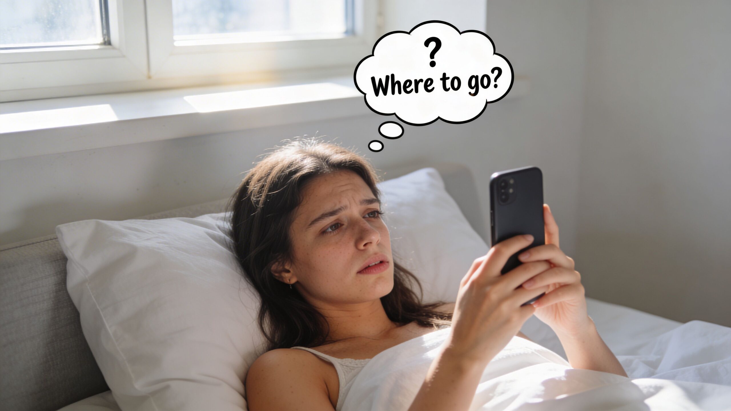 A confused young woman lying in bed looking at her smartphone while wondering where to go.