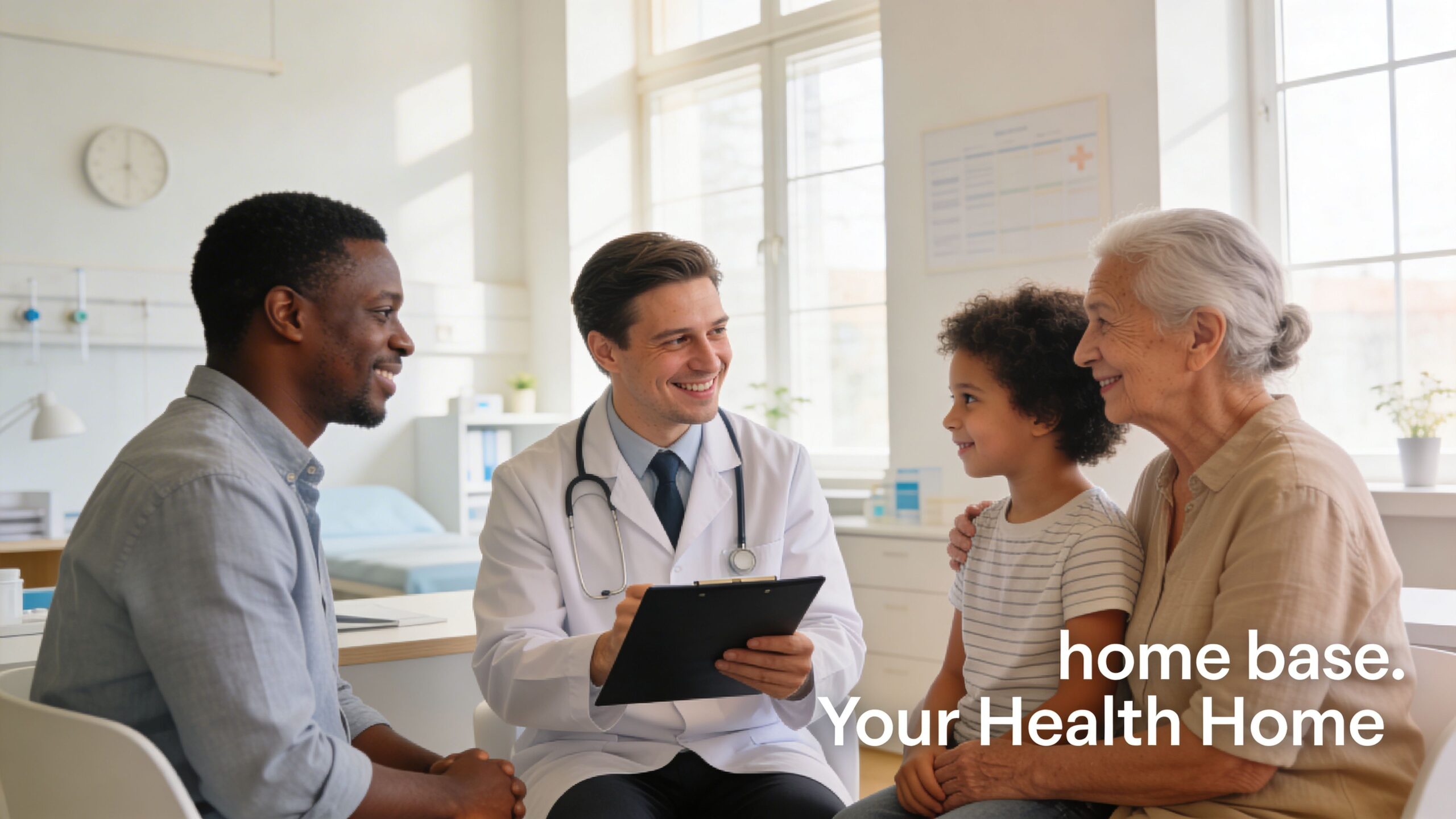 A friendly doctor consults with a young boy, his father, and his grandmother in a medical office.