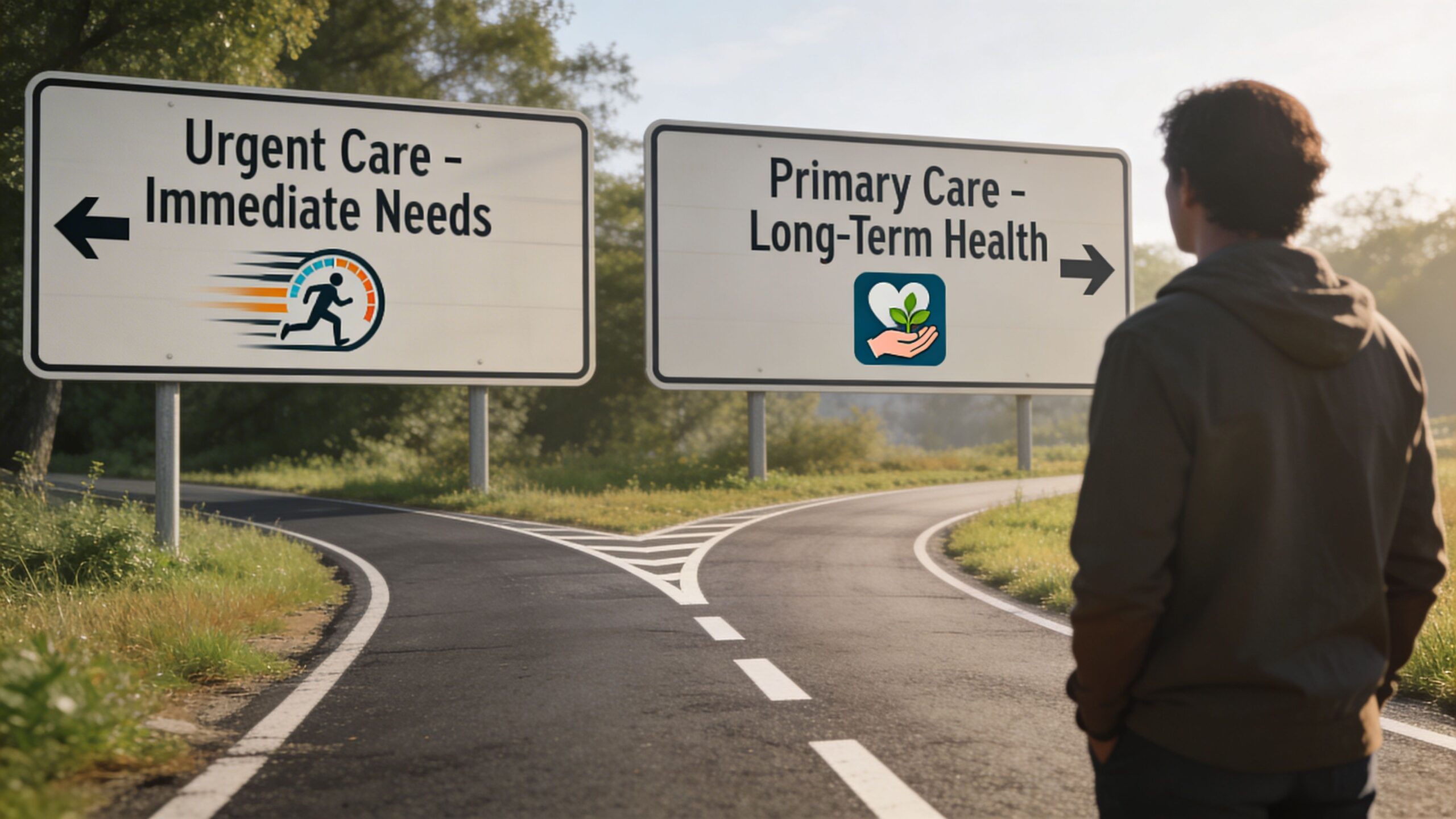 A person standing at a fork in the road facing signs for Urgent Care and Primary Care.