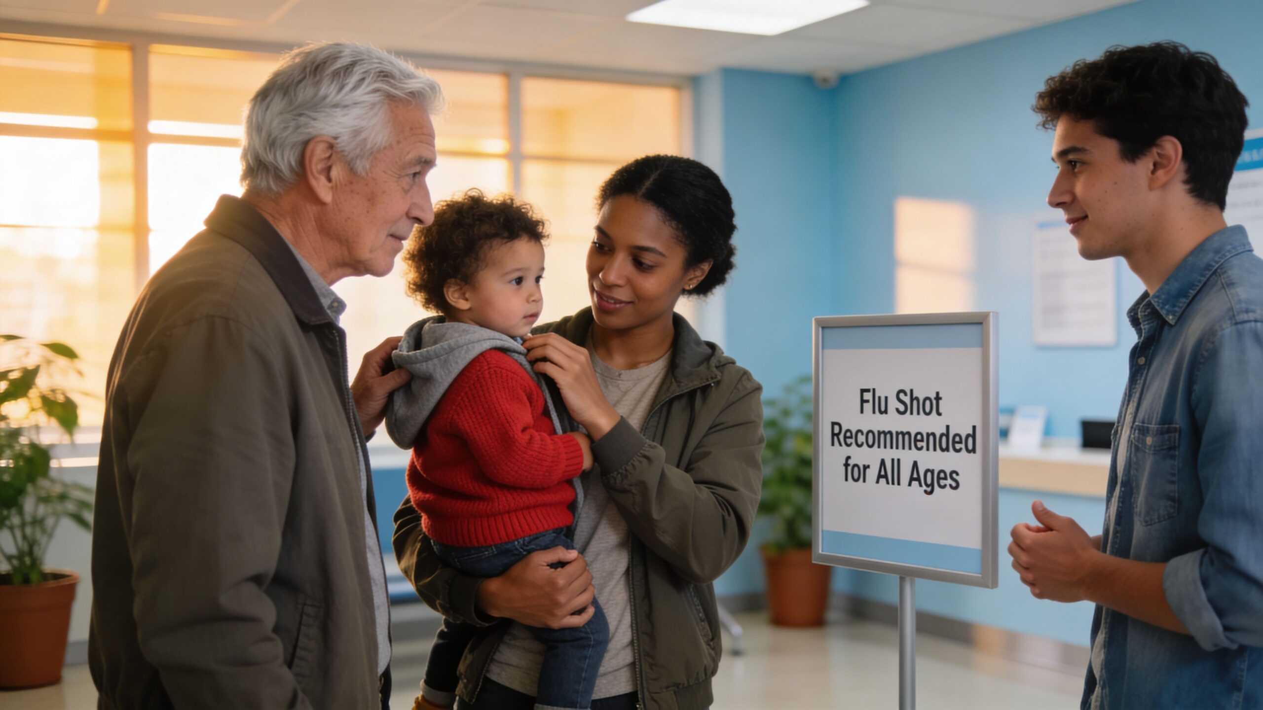A multi-generational family stands together in a clinic near a sign recommending flu shots for all ages.