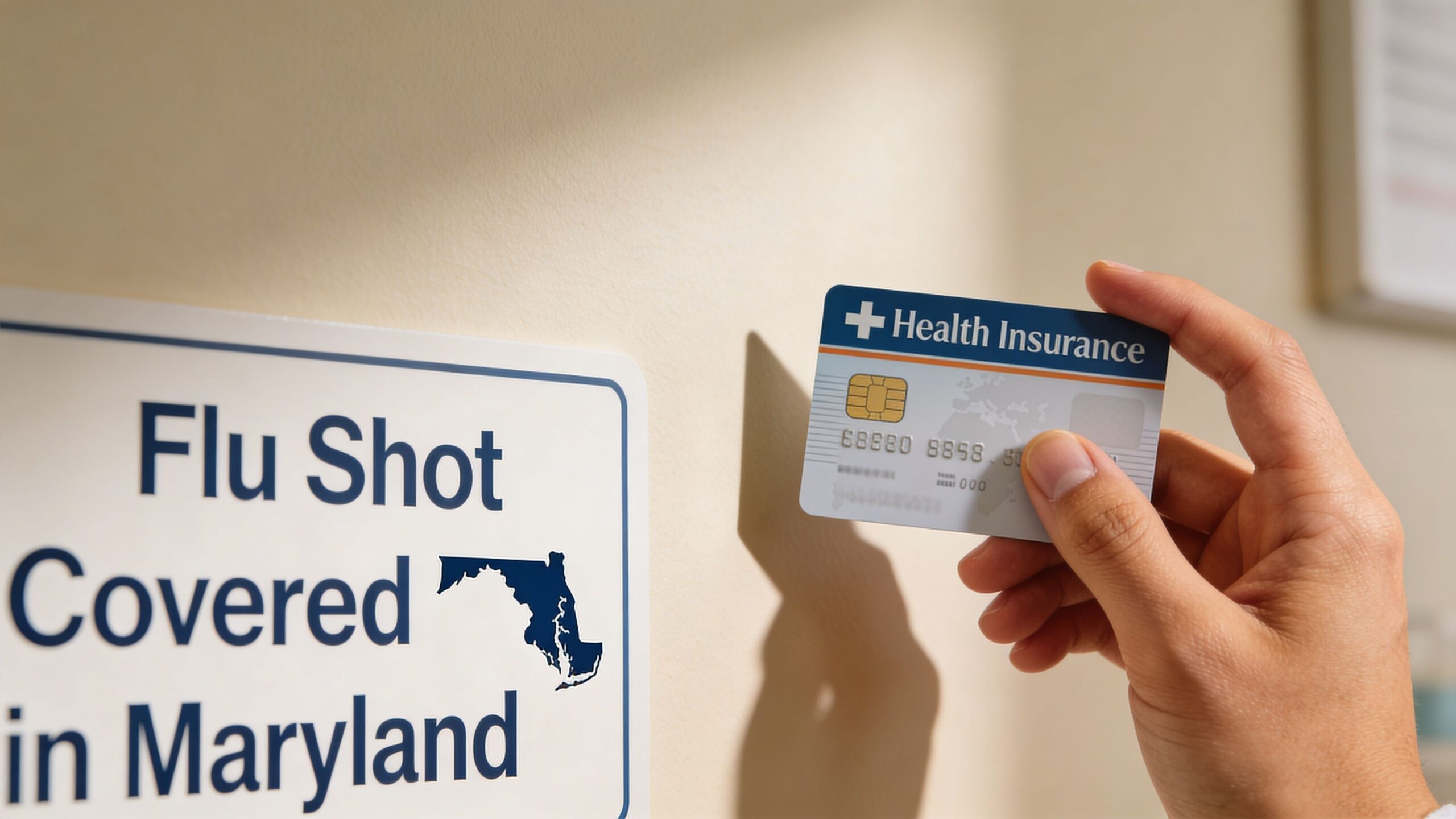 A hand holding a health insurance card in front of a sign about Maryland flu vaccine coverage.