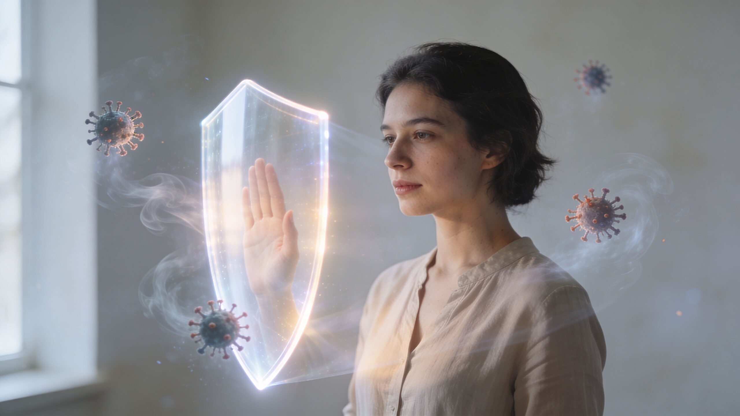 A young woman stands behind a glowing digital shield protecting her from floating viral particles.