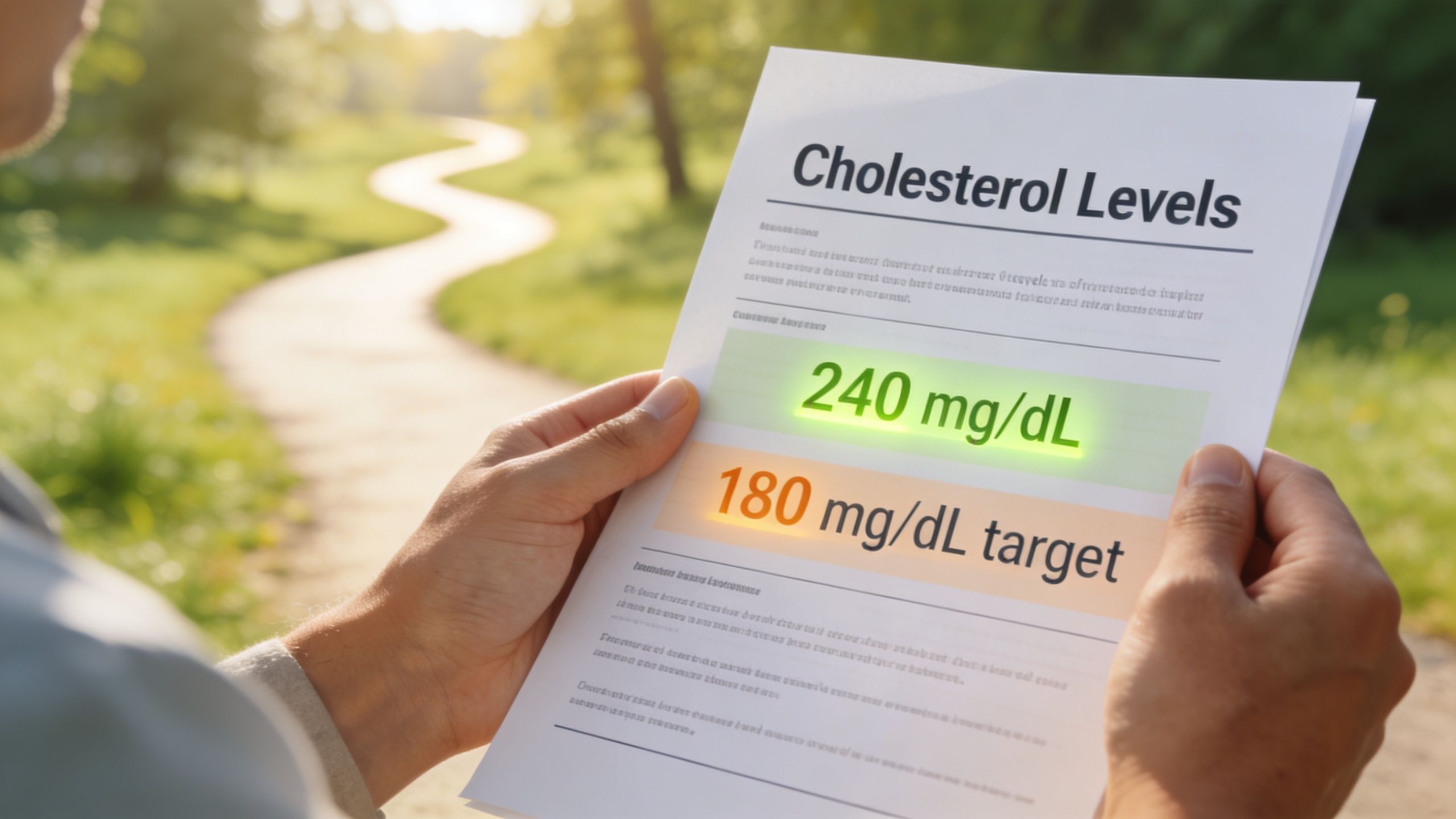 A person holding a medical document showing a cholesterol level of 240 mg/dL compared to a target.