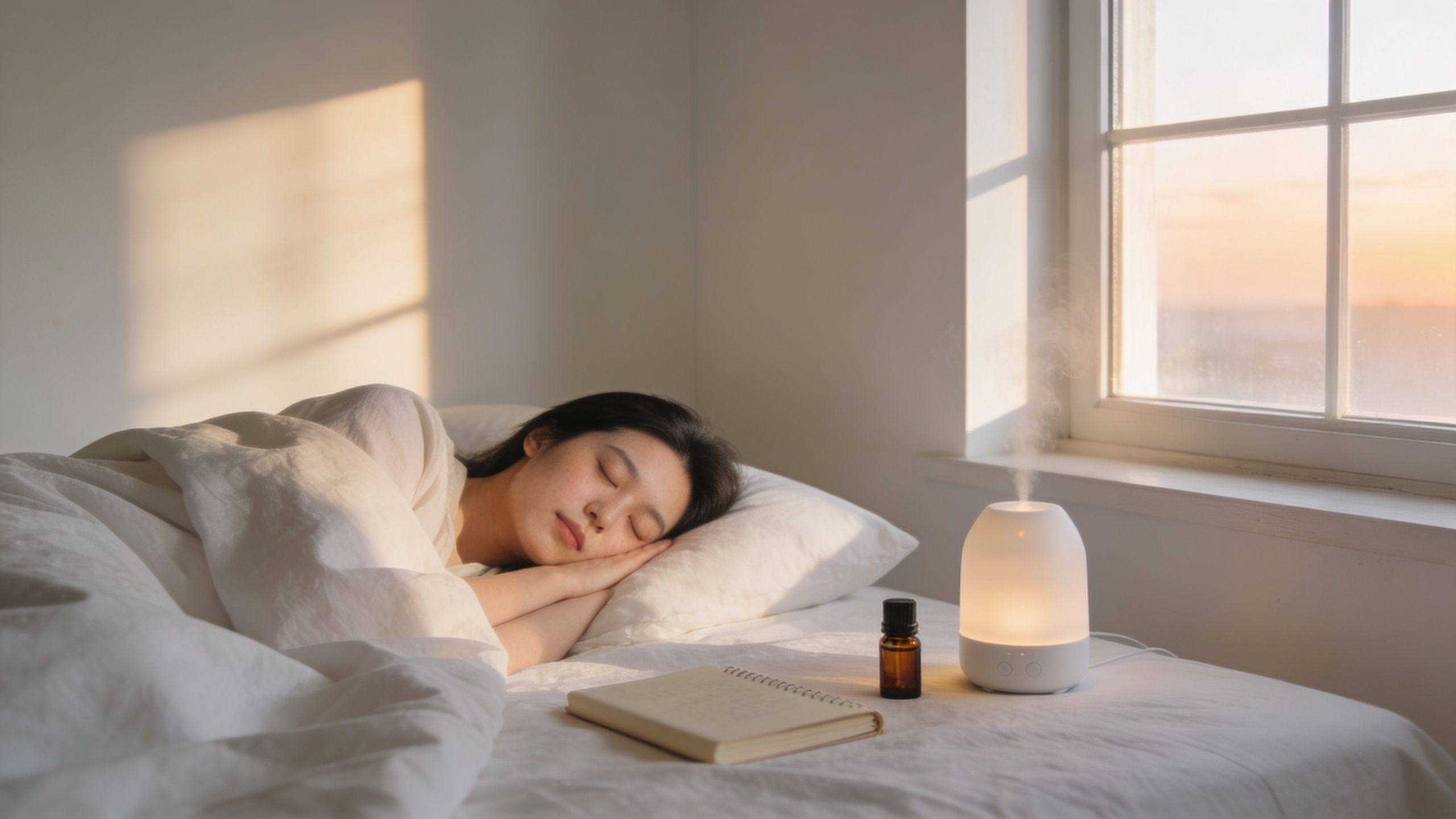 A peaceful woman sleeping soundly in a white bed beside a warm glowing essential oil diffuser.