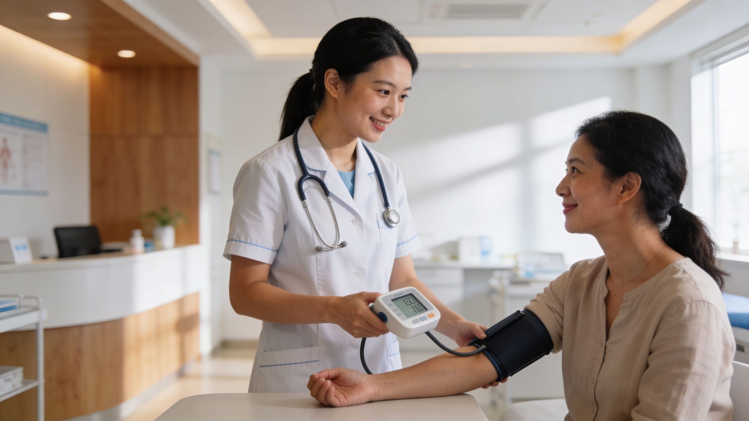 A female doctor checking a female patient's blood pressure during a routine medical examination in a clinic.
