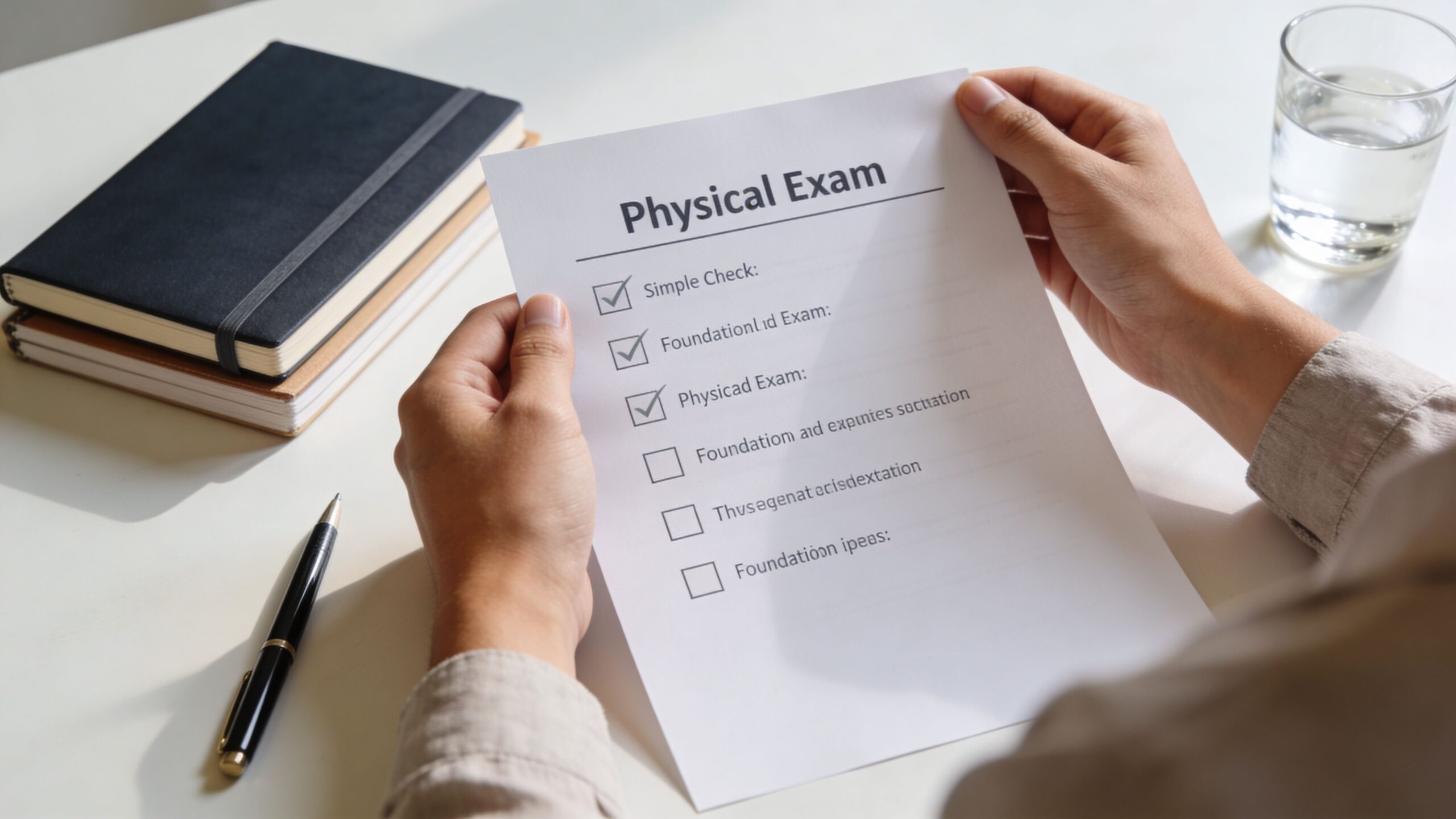 A person holds a checklist titled Physical Exam with three boxes checked off at a desk.