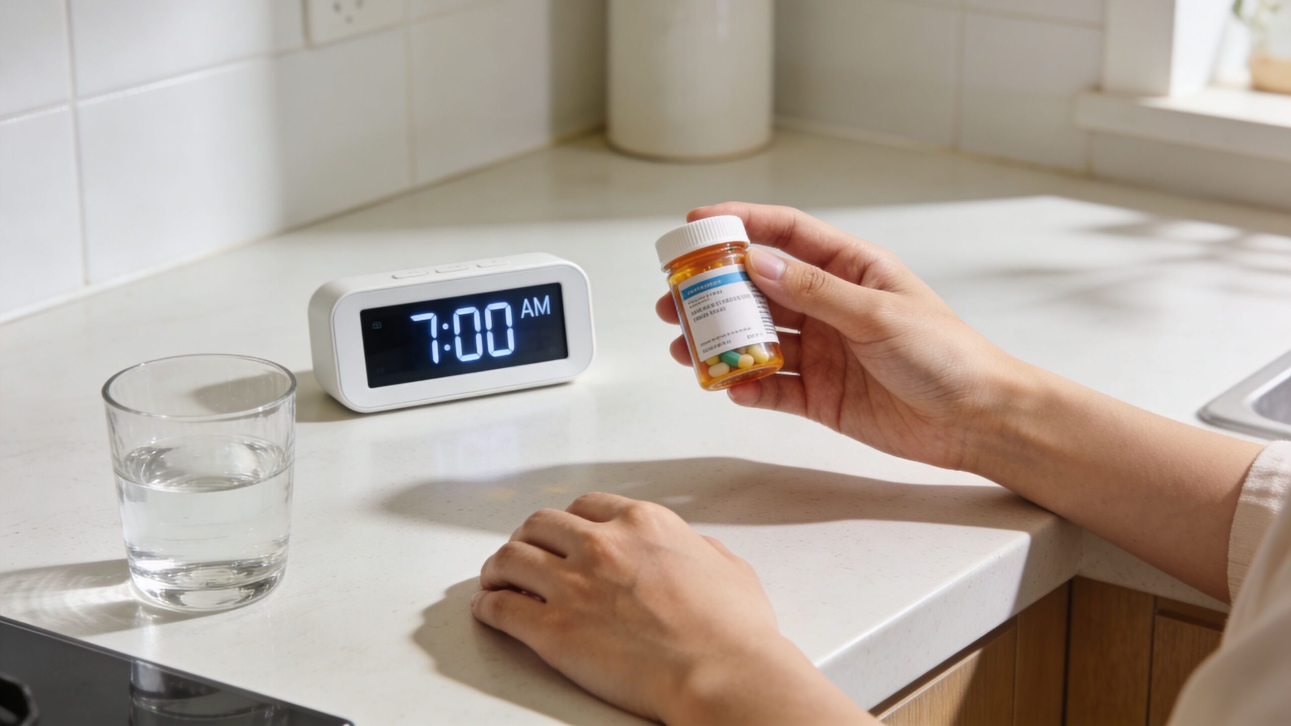 A person holding a bottle of pills next to a glass of water and a clock showing 7:00 AM.