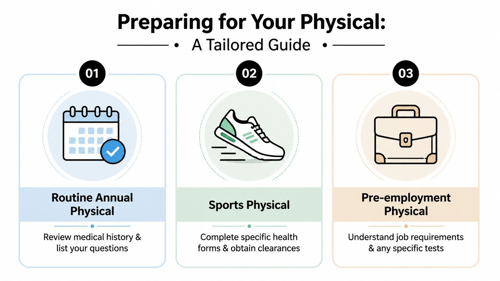A helpful infographic outlining how to prepare for three types of medical physical exams: annual, sports, and pre-employment.