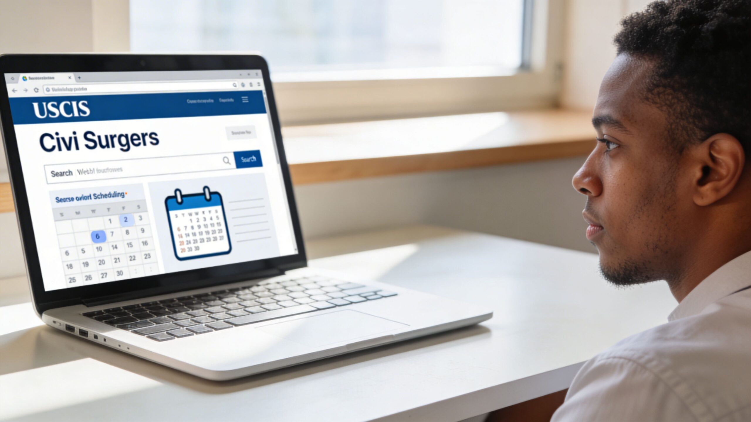 A young man looking at a USCIS website on a laptop screen featuring civil surgeon appointment scheduling.
