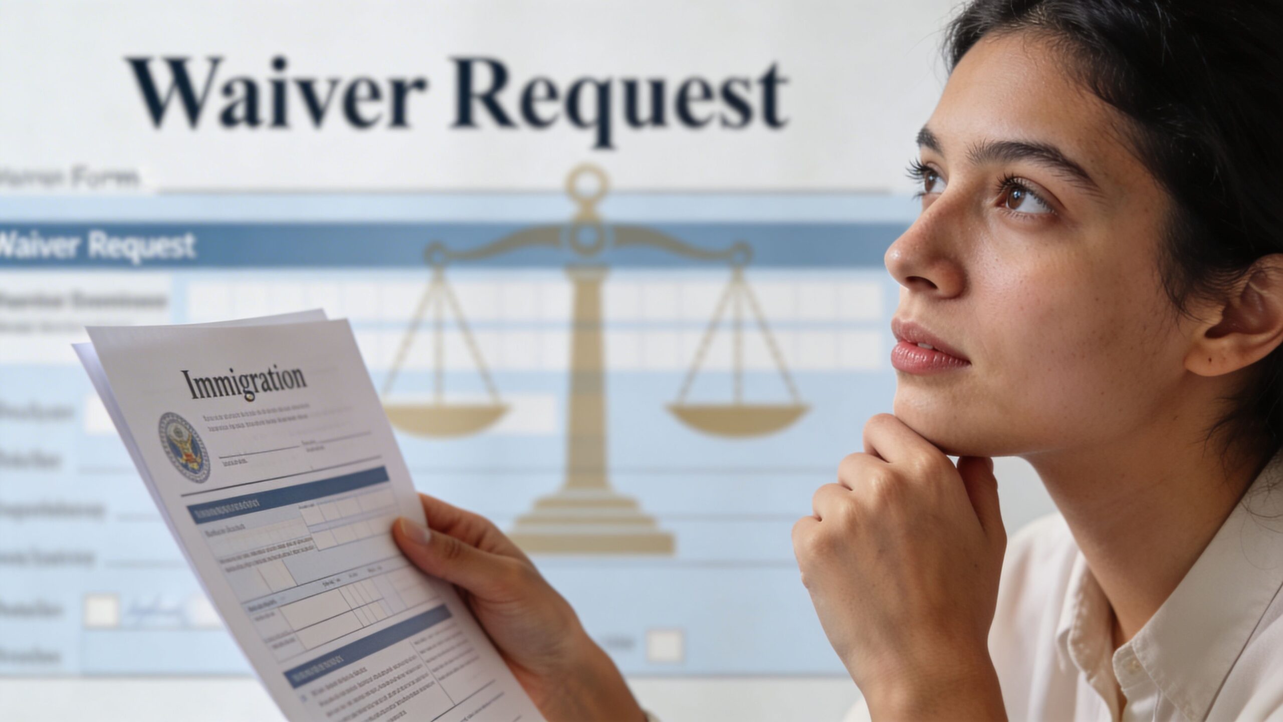 A thoughtful woman holds an immigration waiver request document while considering immigration medical exam requirements for application.