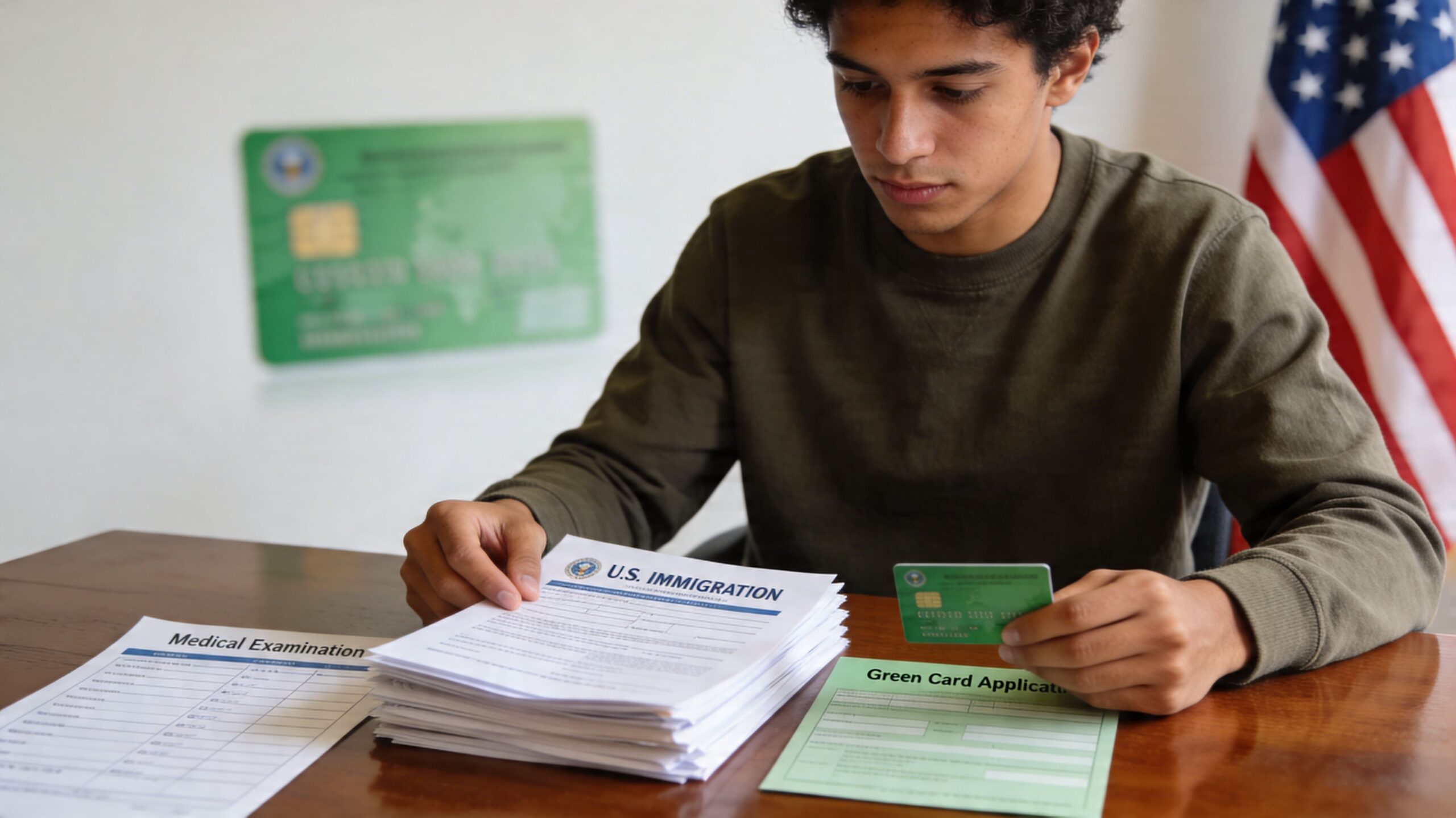 A young man reviewing U.S. immigration paperwork and holding a green card at a wooden desk.