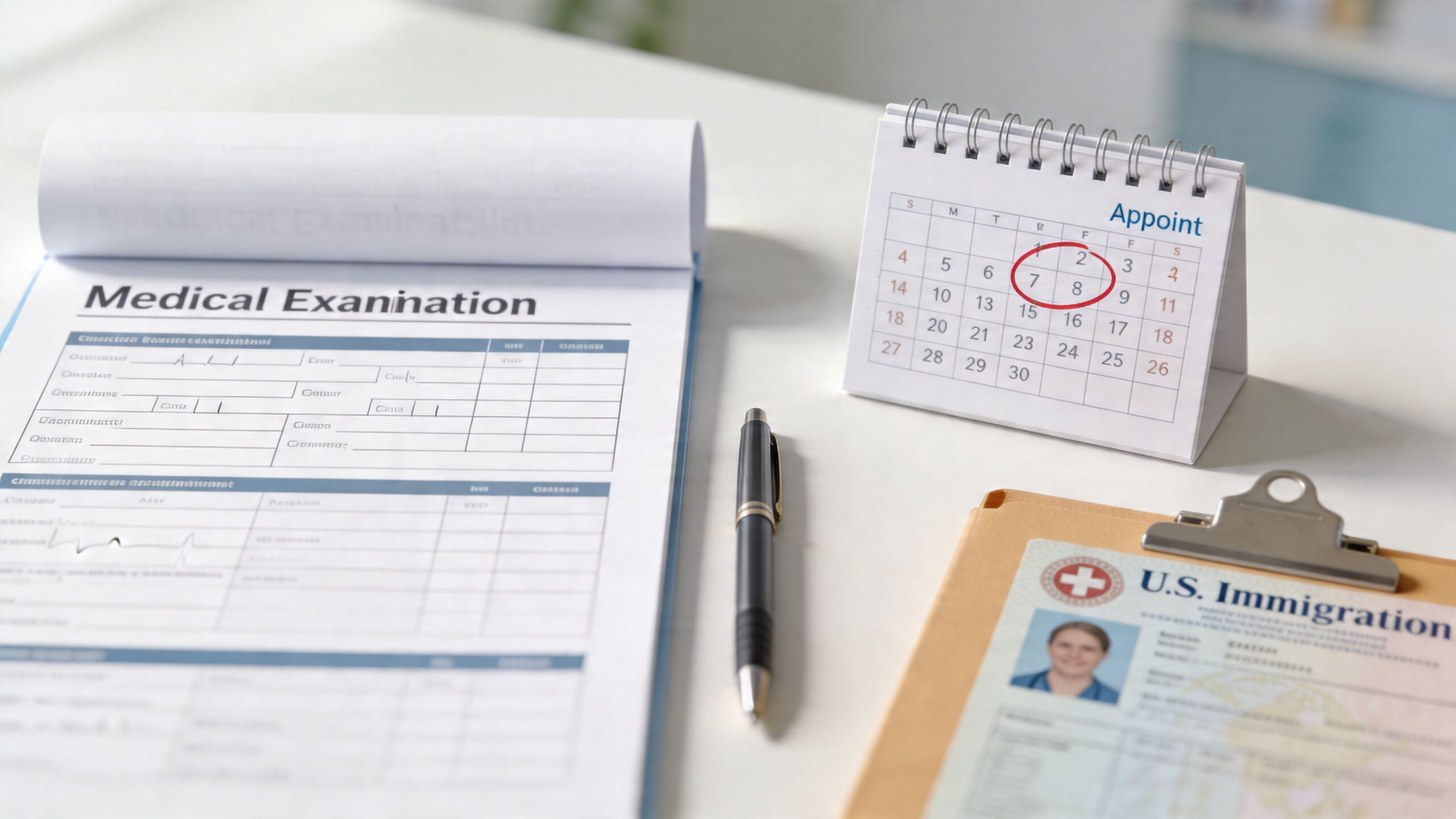 A medical examination form, a calendar with circled dates, and a U.S. immigration document on a desk.