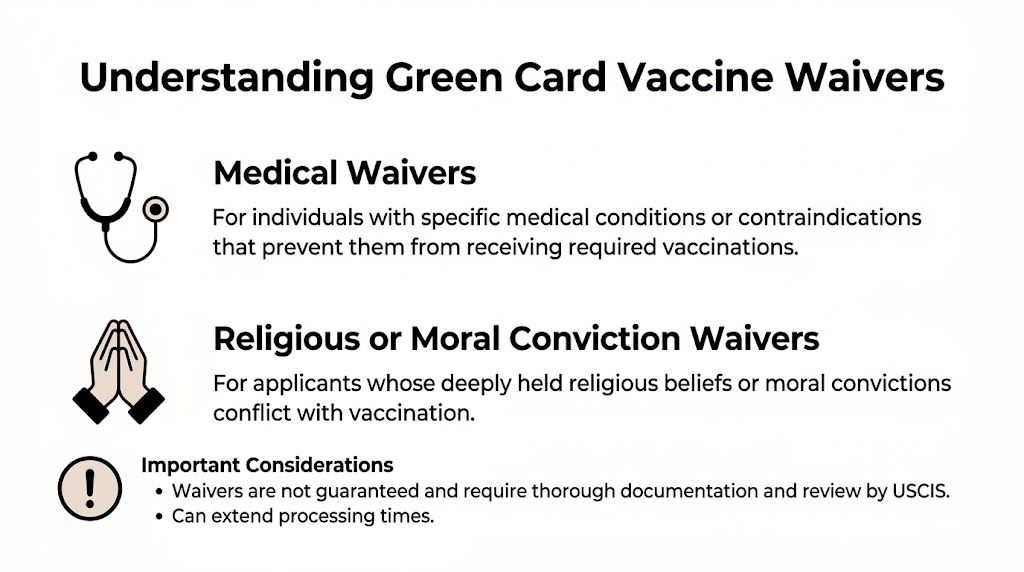 An infographic explaining medical and religious or moral conviction waivers for green card vaccine requirements.