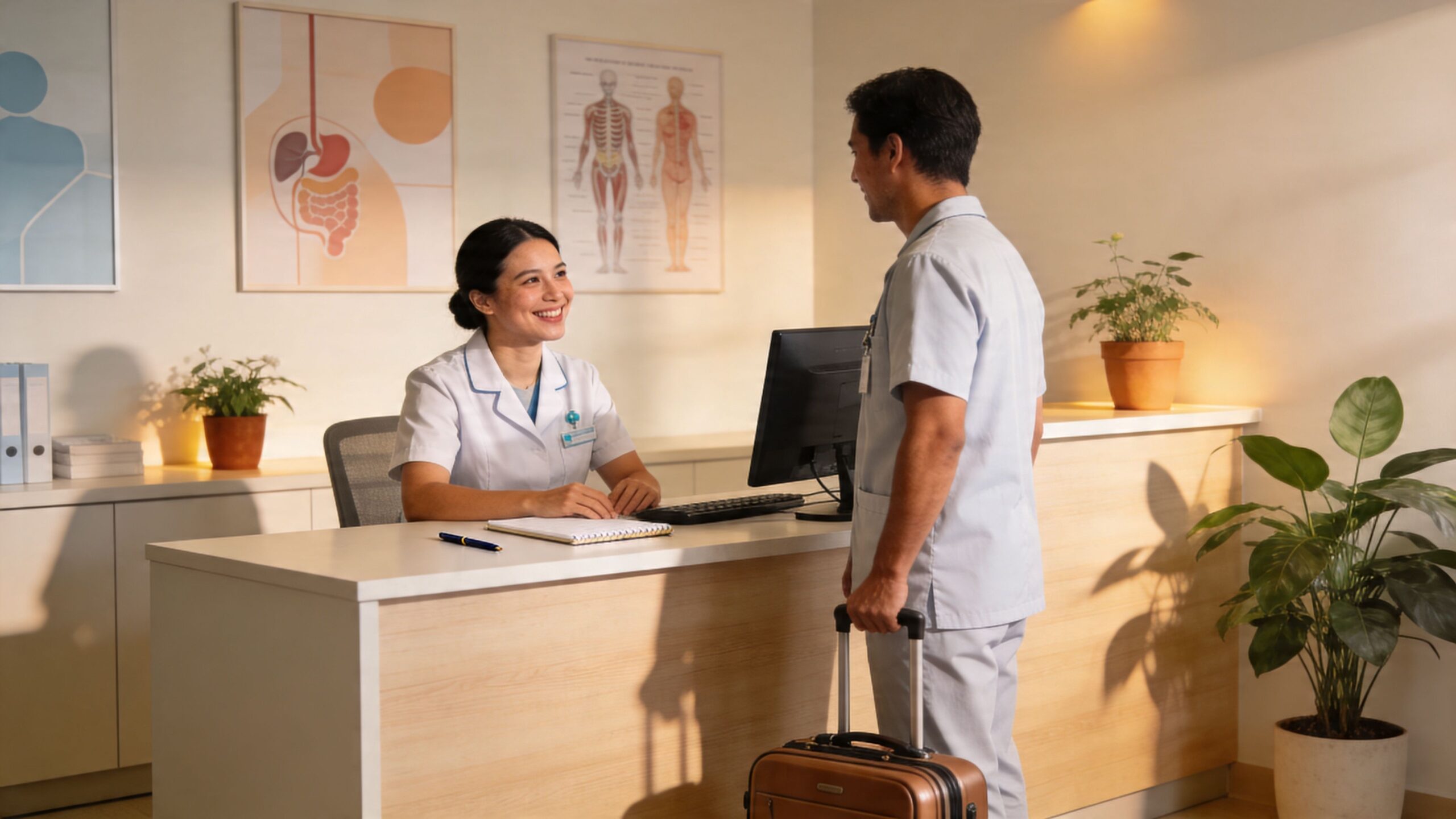 A smiling medical receptionist speaks with a nurse holding a travel suitcase at a clinic desk.