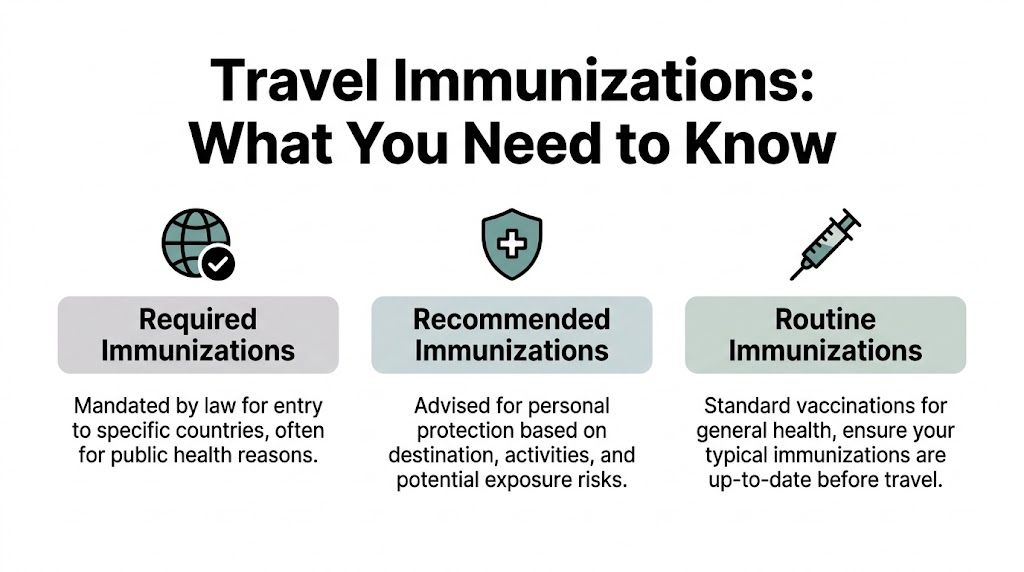 An infographic titled Travel Immunizations, categorizing vaccinations into required, recommended, and routine types for international travelers.