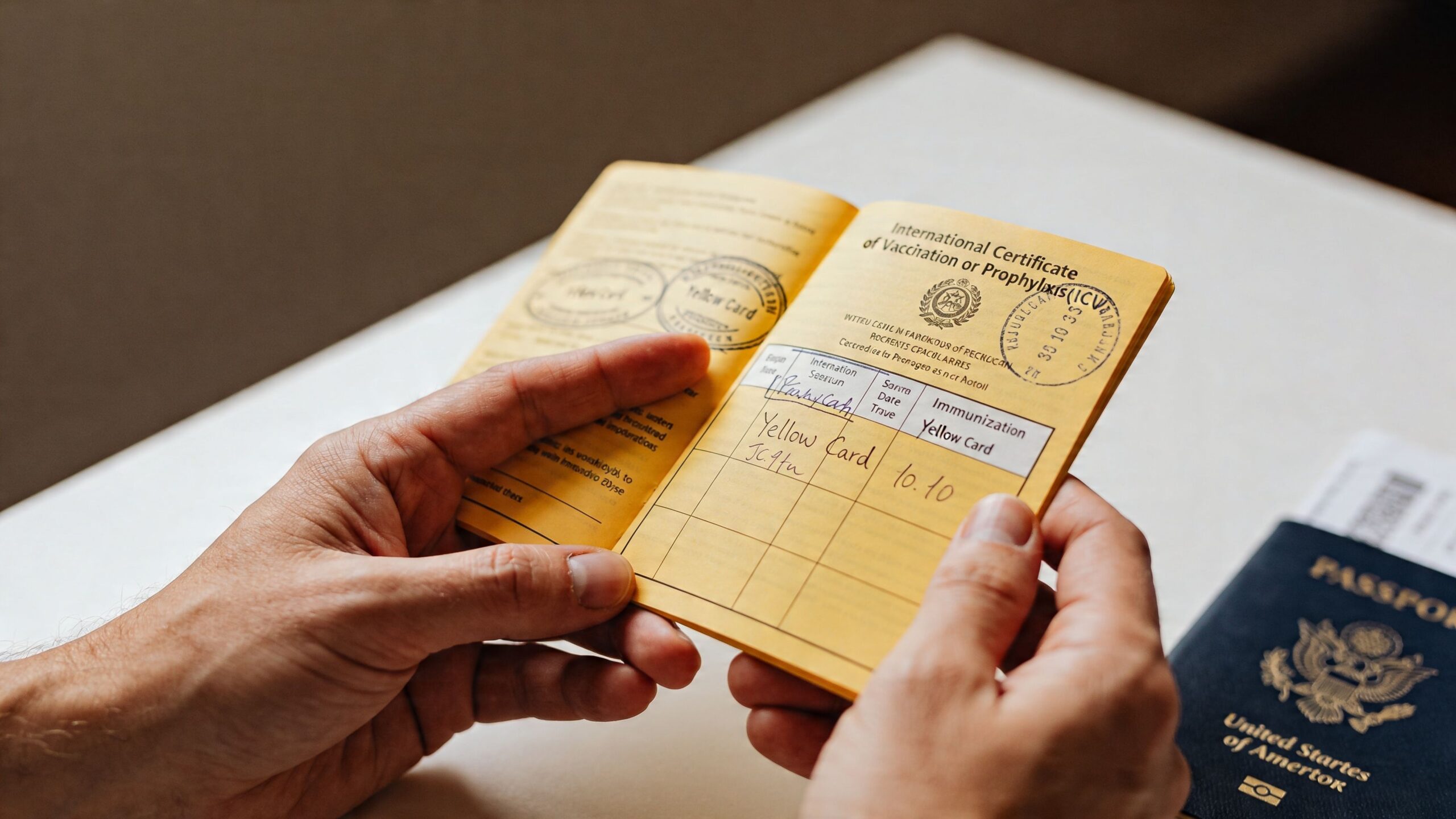 A person holds an international certificate of vaccination or prophylaxis with a yellow card entry visible.