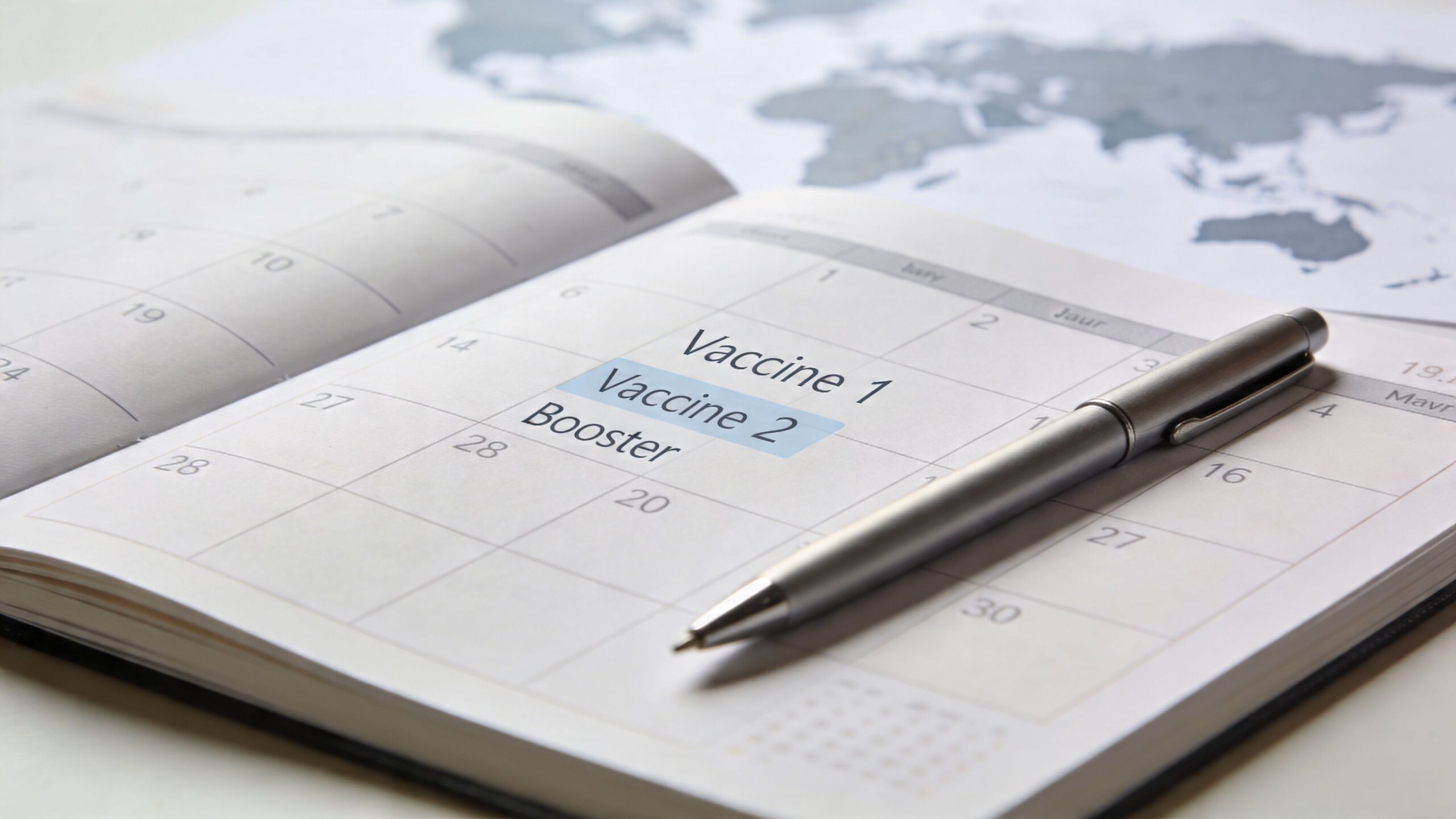 A calendar open on a table featuring the words Vaccine 1, Vaccine 2, and Booster with a pen.