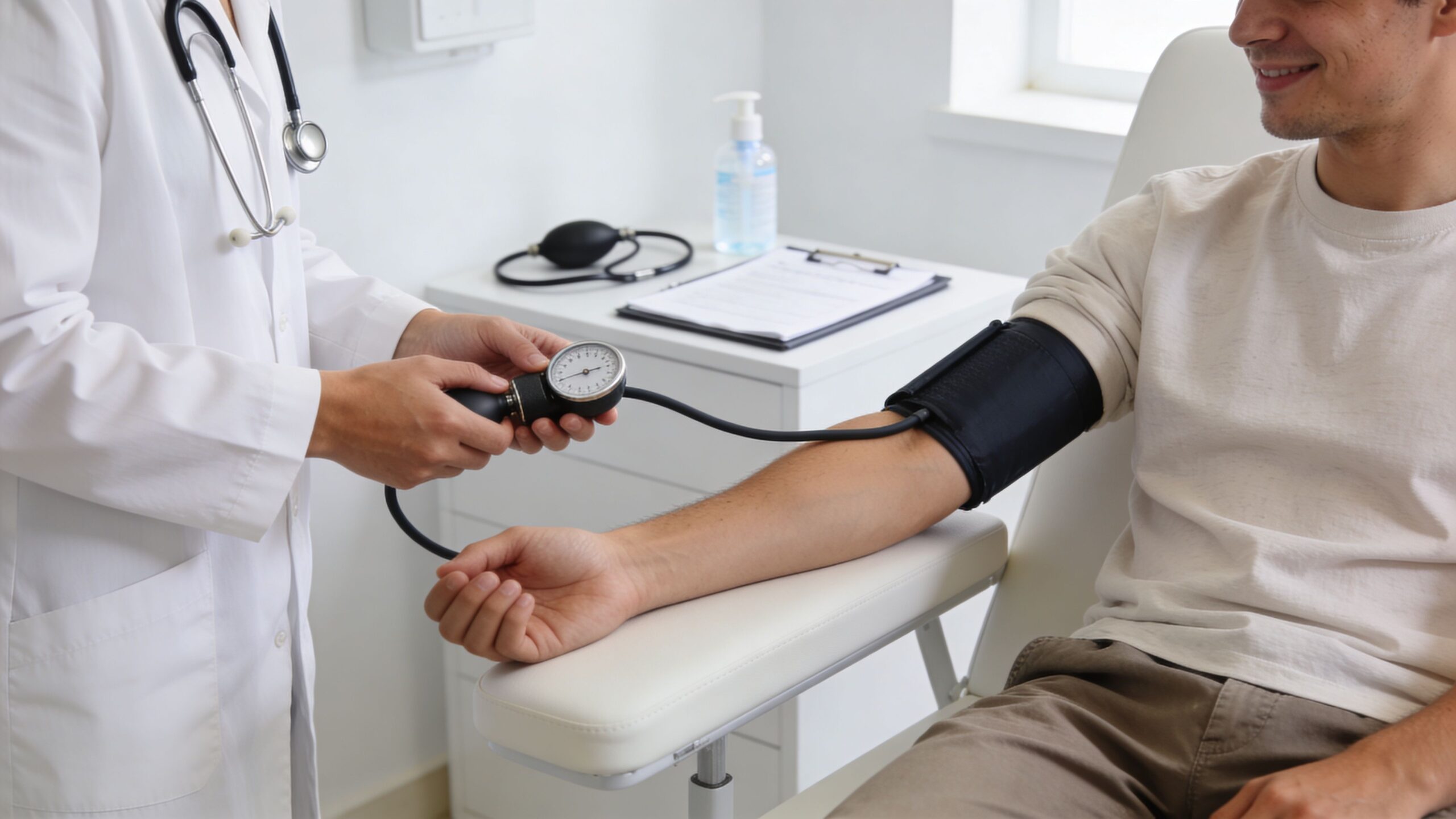 A doctor in a white coat measuring a male patient's blood pressure during a routine medical examination.