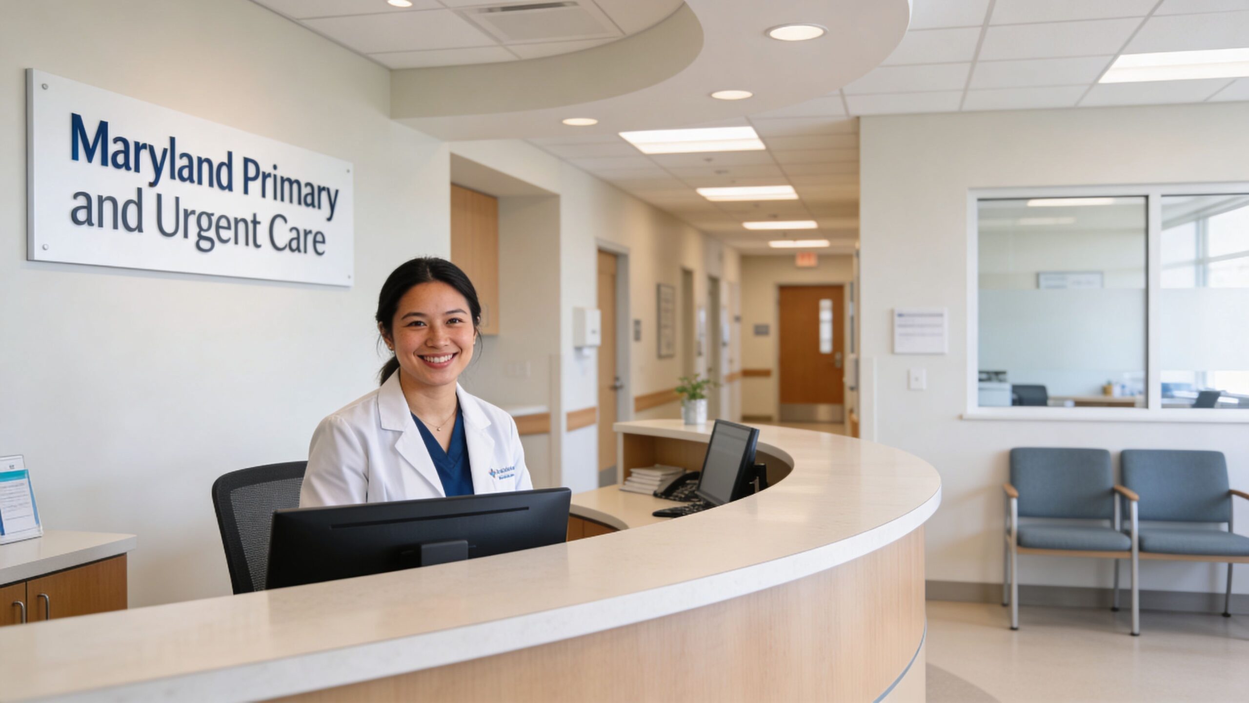 A friendly medical professional greeting patients at the front desk of a modern Maryland primary care clinic.