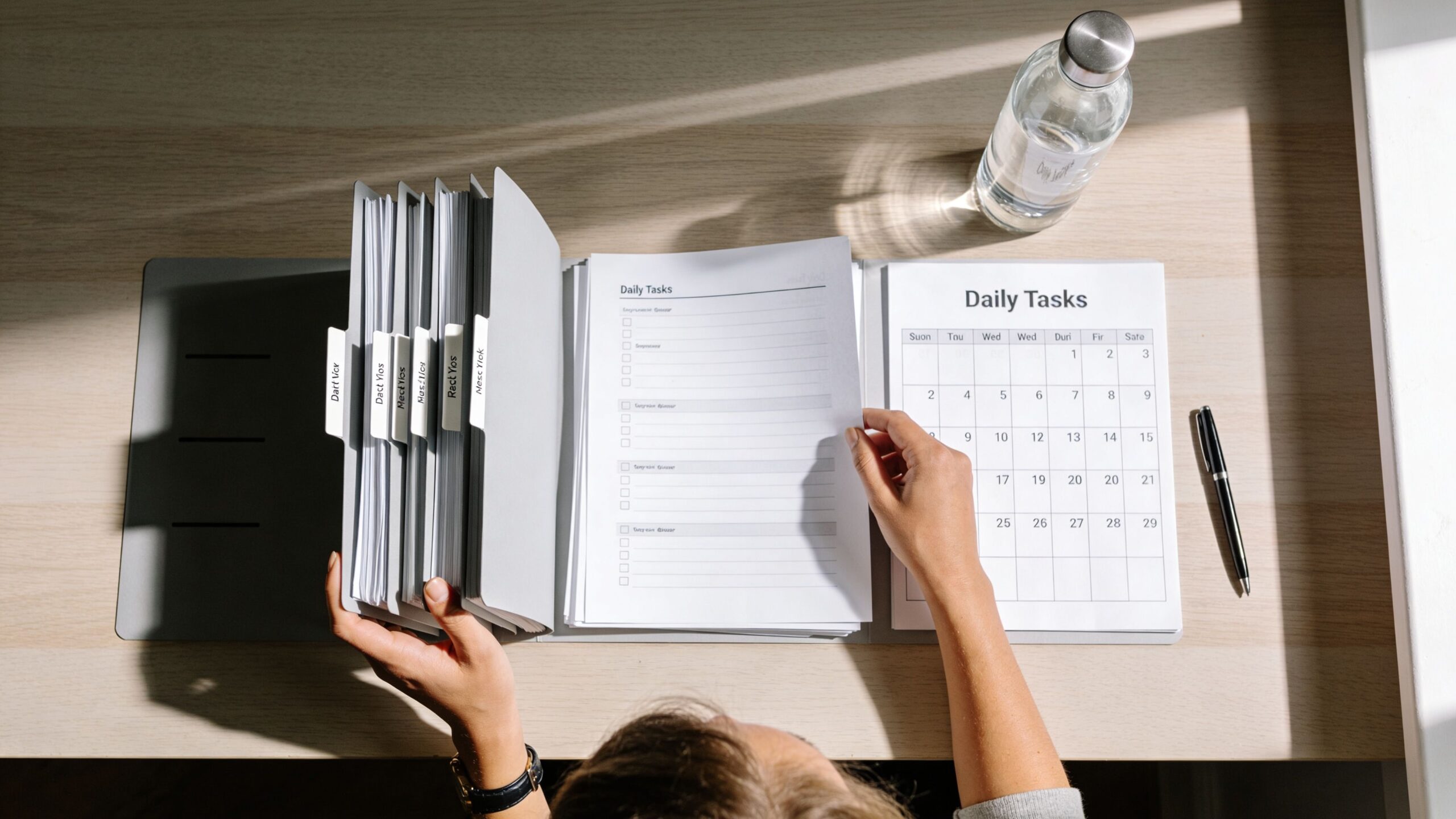 A person organizing daily tasks and schedule in a binder on a wooden desk with a bottle.
