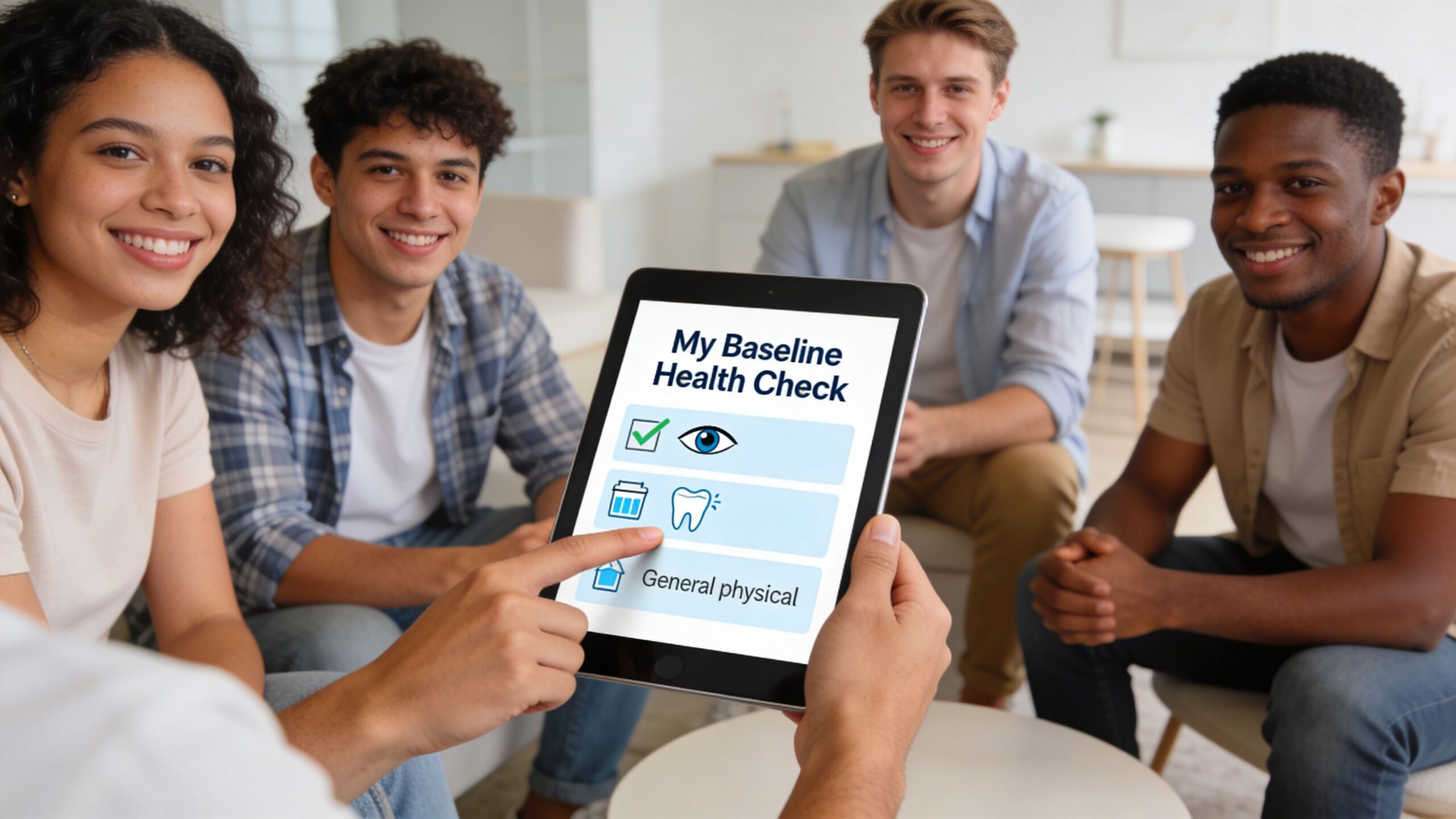 A diverse group of young adults smiling while looking at a tablet screen displaying baseline health screenings.