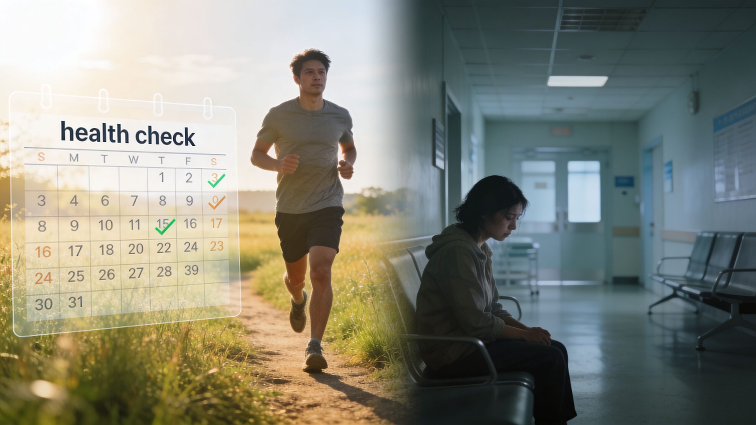A conceptual split image showing a healthy person running outdoors and a person waiting in a hospital.