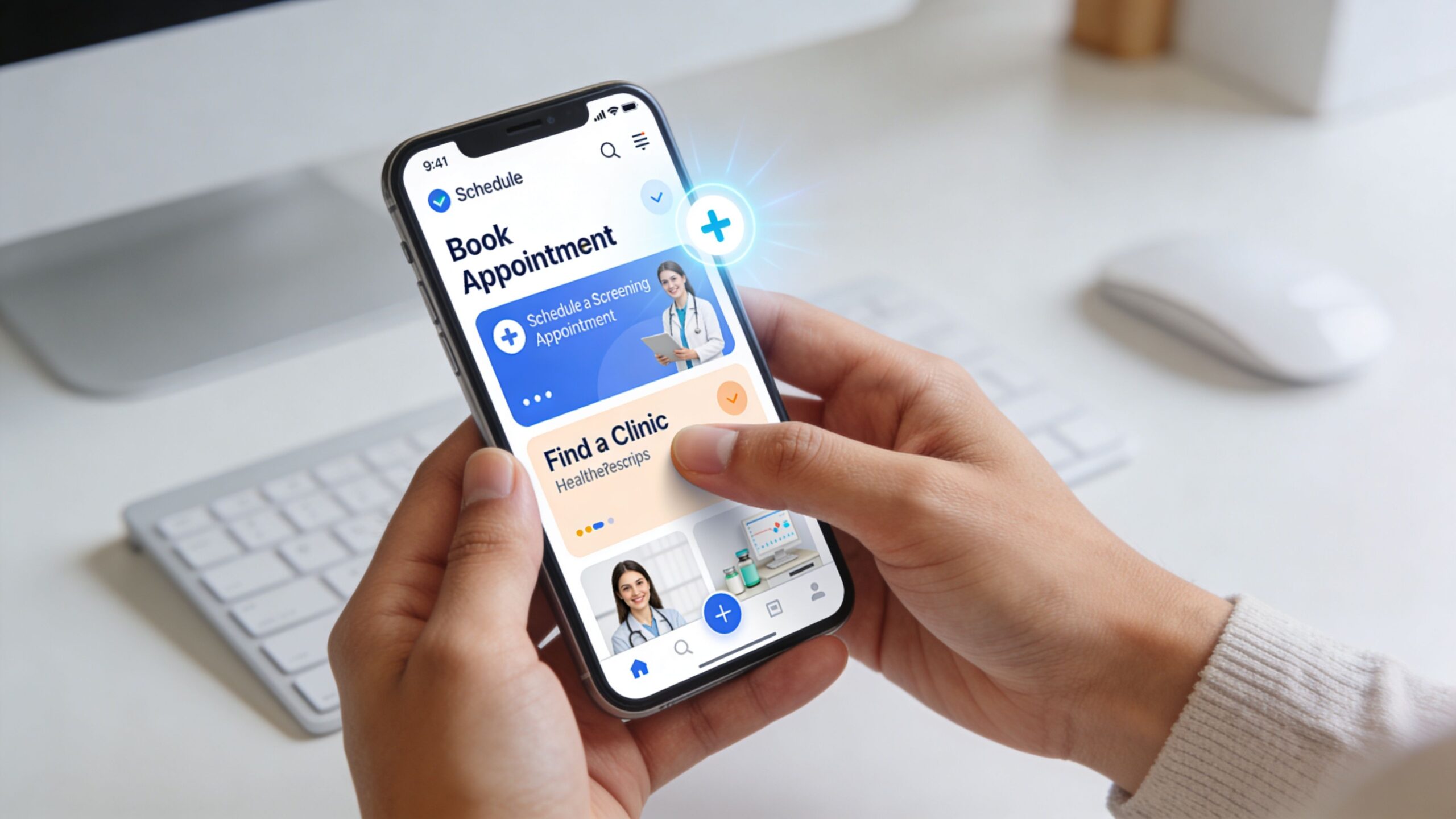 A person holding a smartphone displaying a healthcare application interface for booking medical appointments and finding clinics.