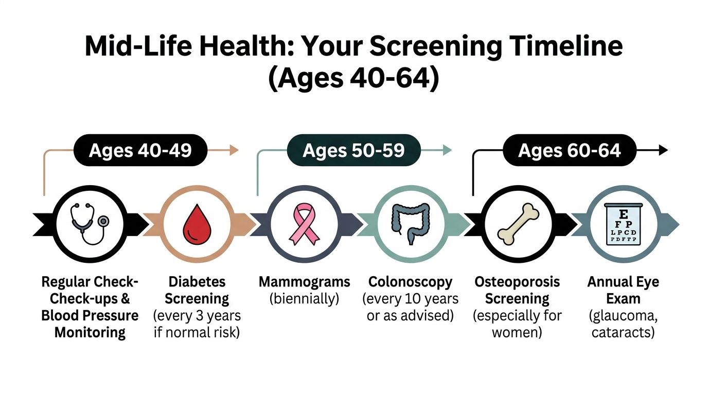 A health screening timeline chart for adults aged 40-64 outlining recommended medical check-ups and exams.