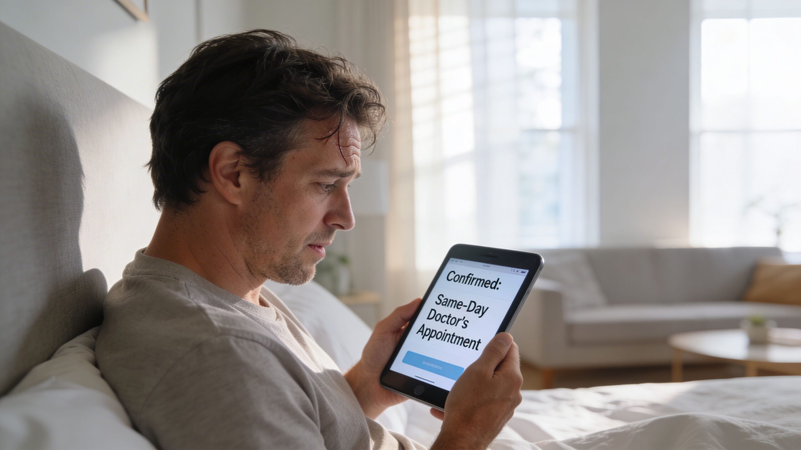 A concerned man sitting in bed holding a tablet confirming his same-day doctor's appointment.