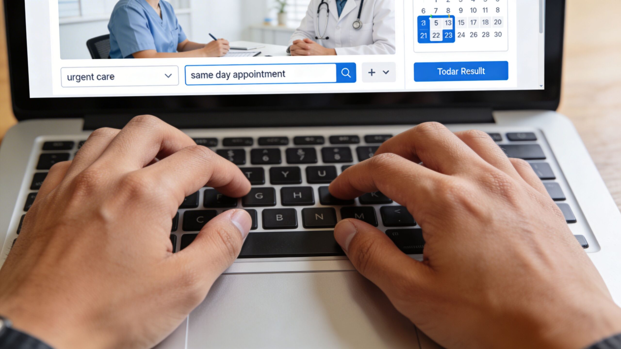 A person typing on a laptop computer searching for a same day medical appointment online.
