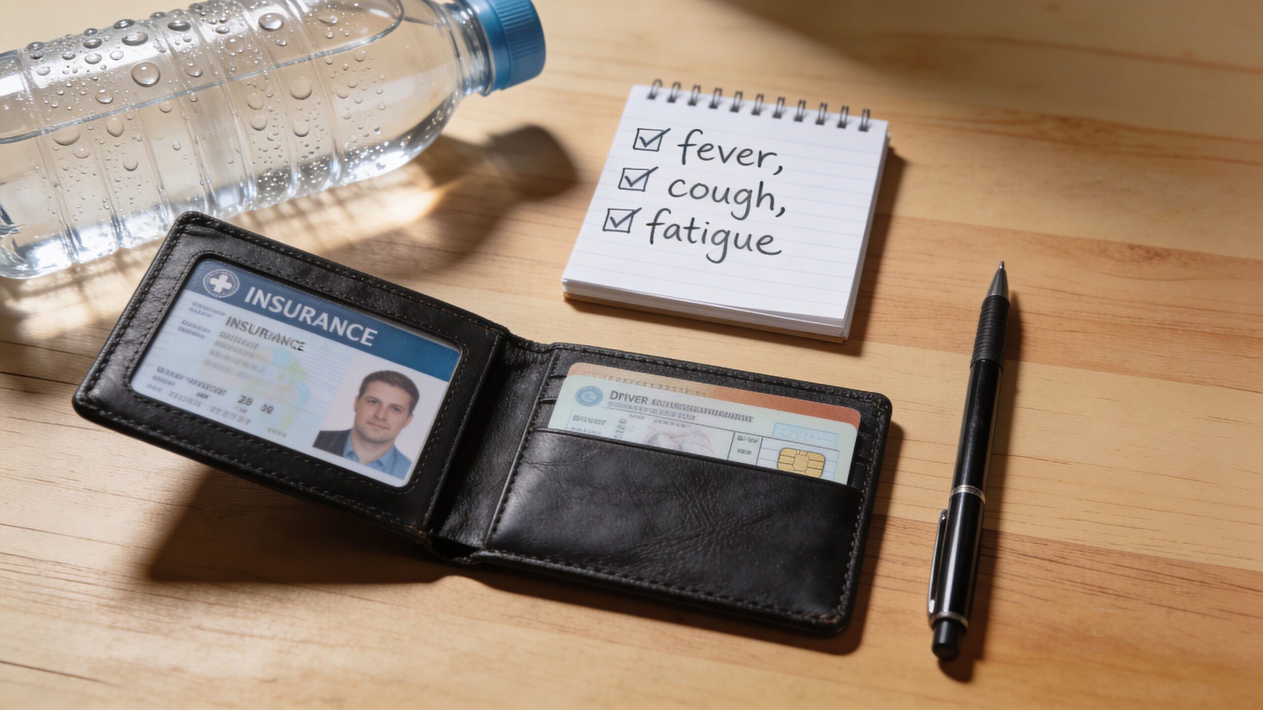 A notepad listing symptoms like fever, cough, and fatigue next to a wallet and insurance card.