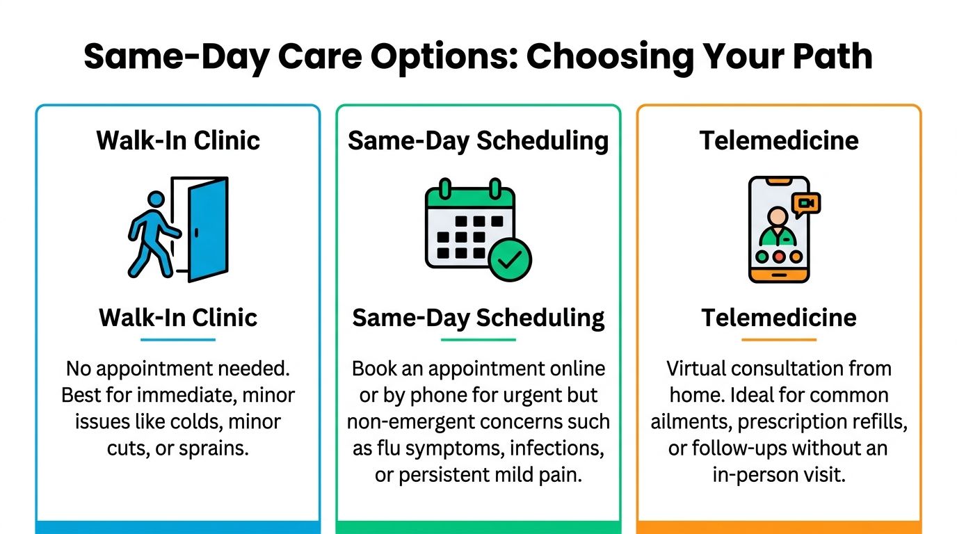 An infographic showing three same-day medical care options including walk-in clinics, scheduled appointments, and virtual telemedicine consultations.
