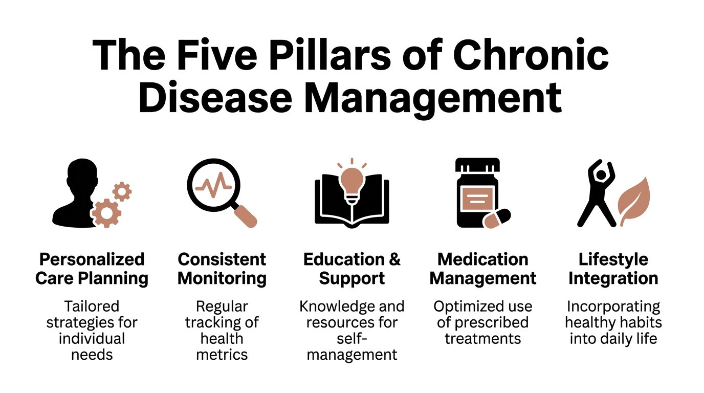An infographic titled The Five Pillars of Chronic Disease Management featuring icons and descriptions for healthcare strategies.