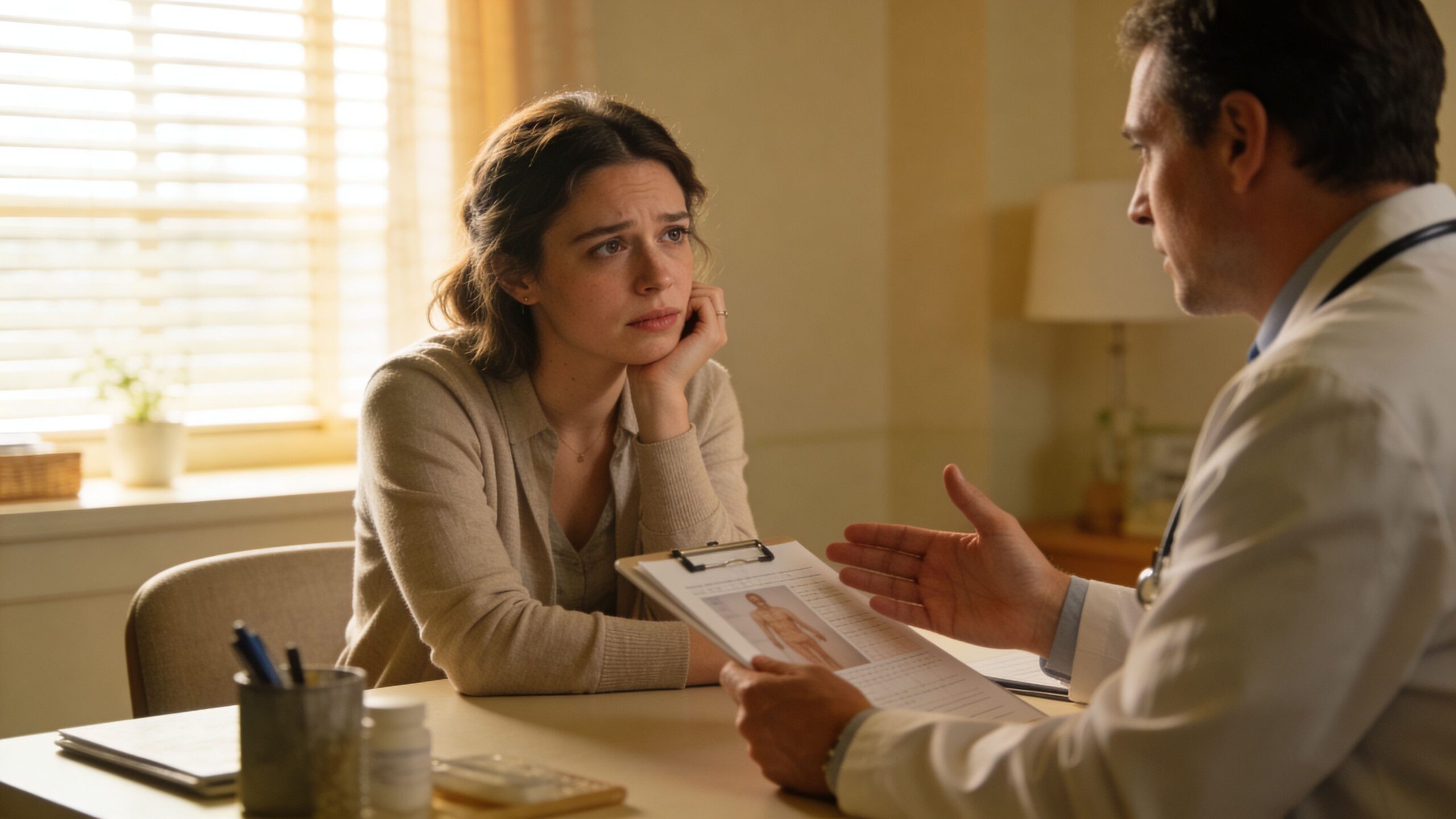 A concerned young woman listens as a doctor explains a medical document during an office consultation.