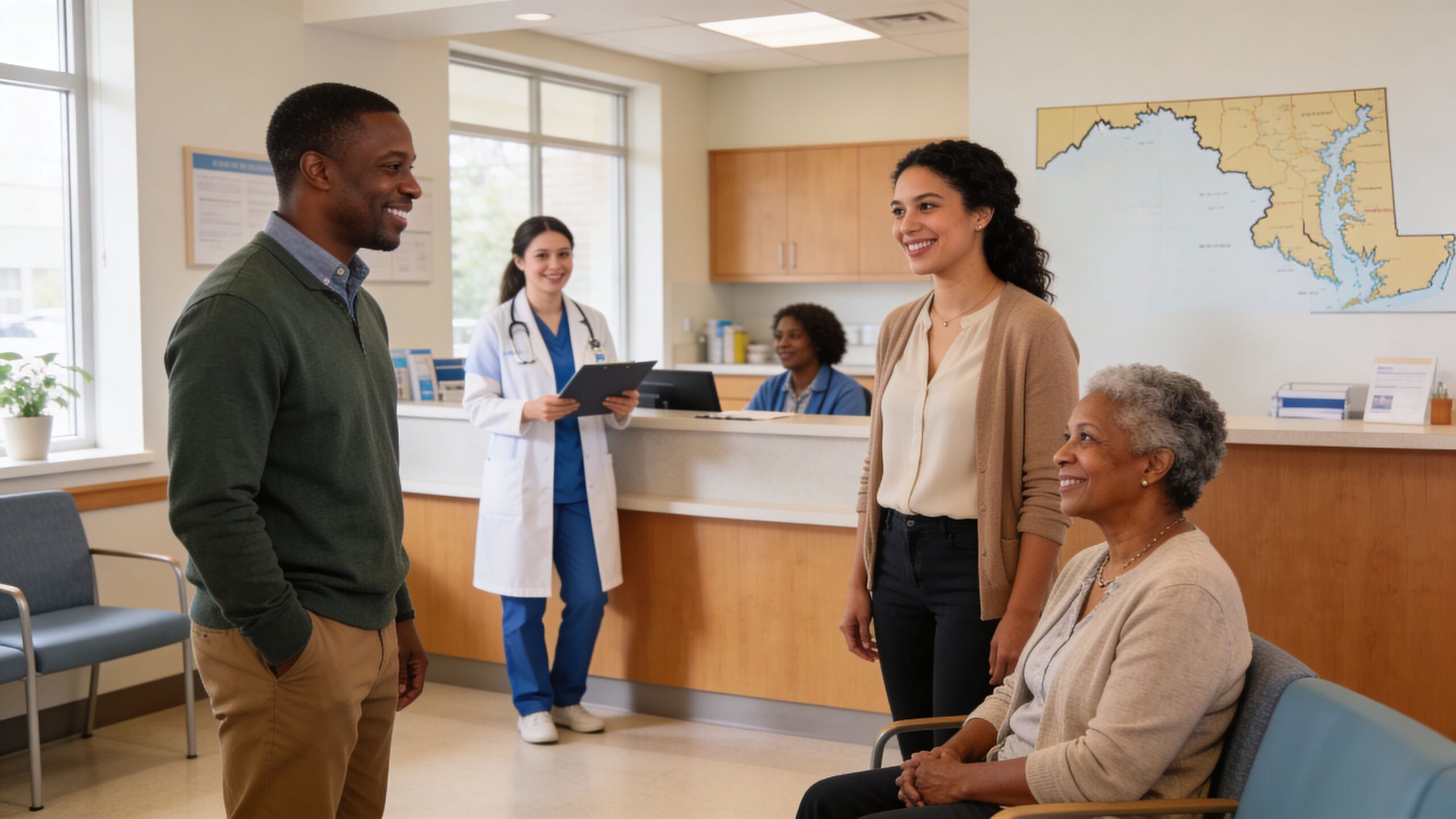 A diverse family visiting a medical office to speak with a healthcare professional about health and wellness.