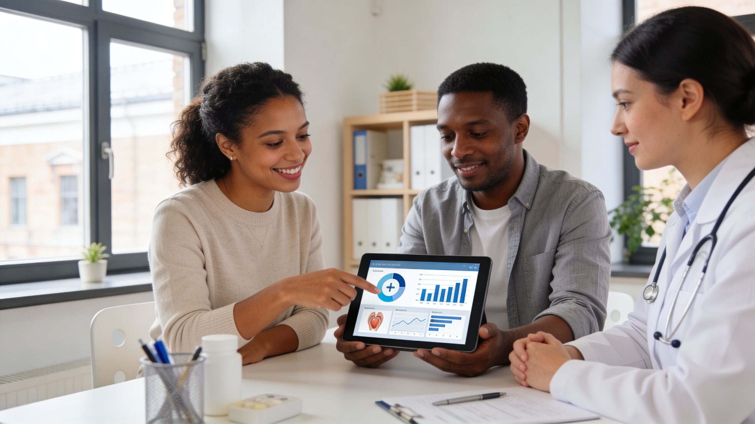 A doctor explaining health data on a tablet to a couple during a medical consultation in clinic