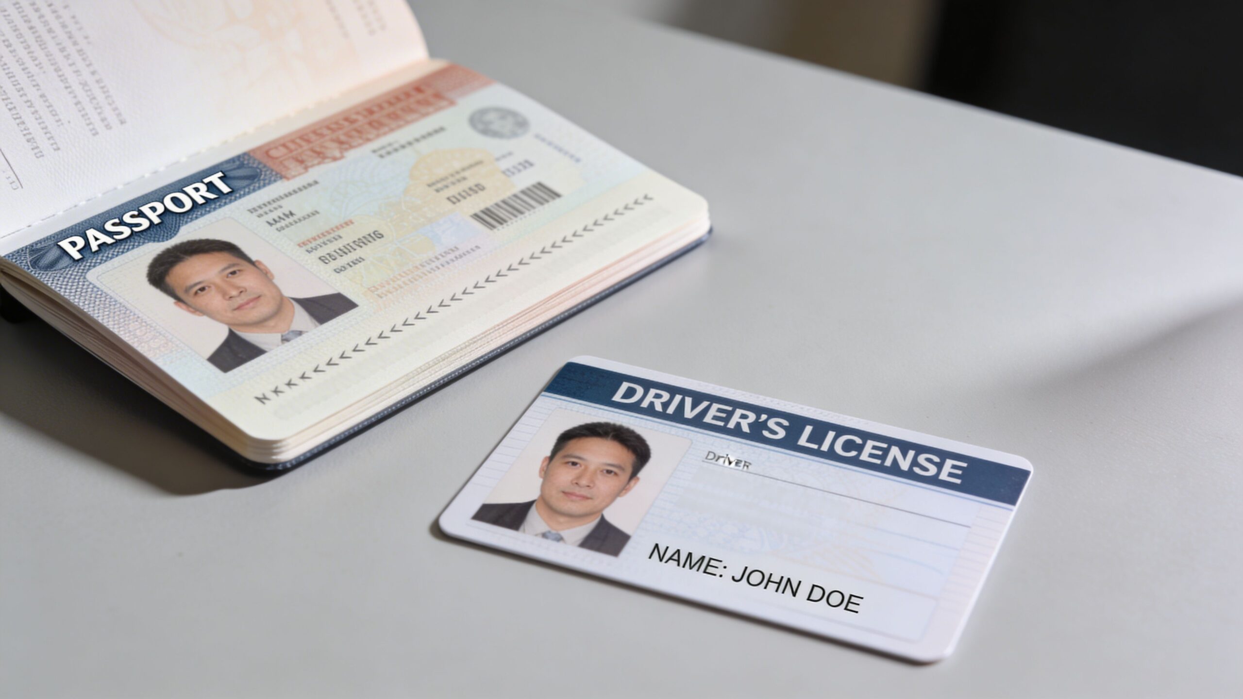 A passport and a driver's license placed on a grey surface for identification and travel documentation purposes.