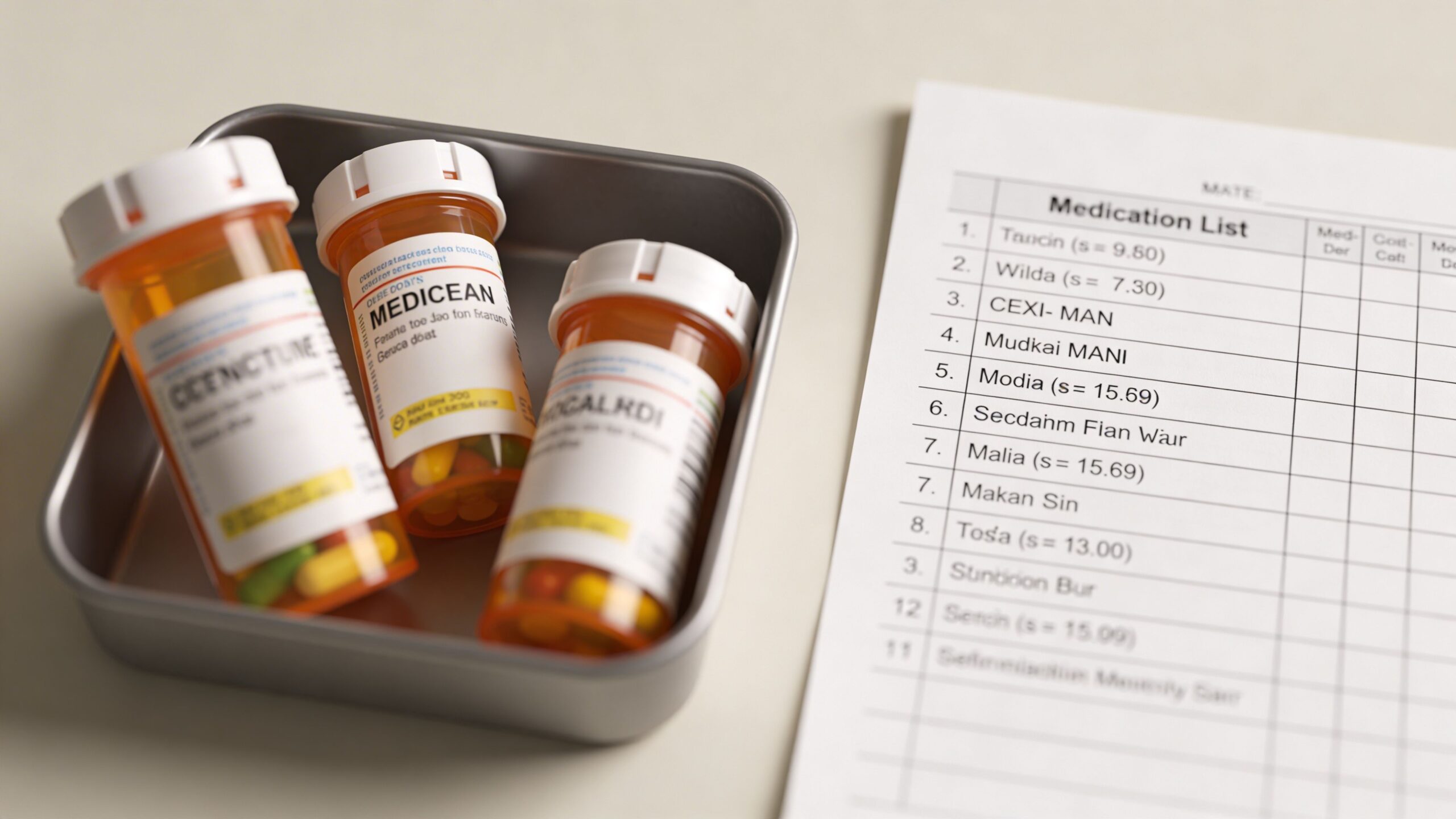 A tray containing three orange prescription pill bottles next to a paper medication list on a table.