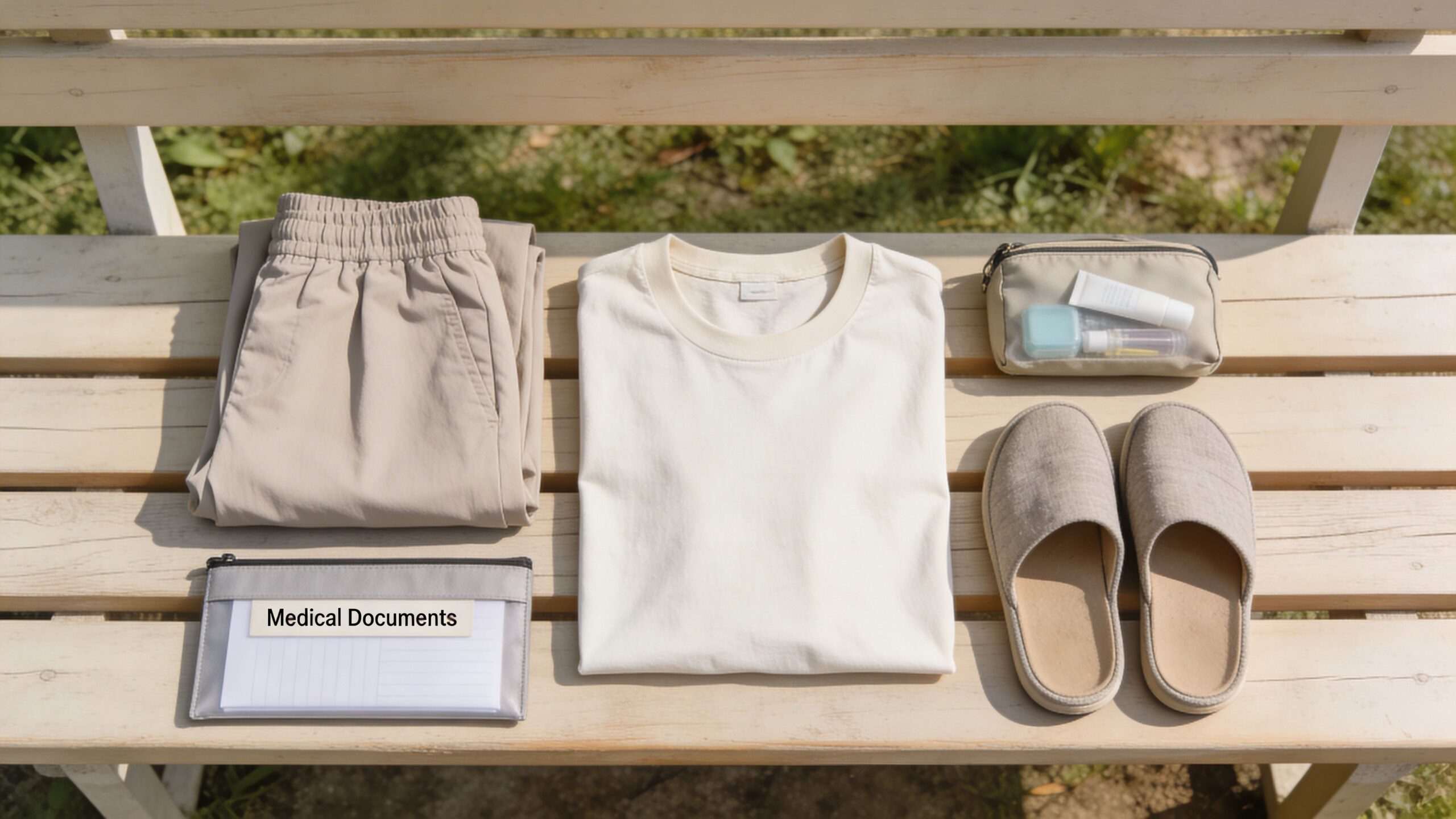 A neatly laid out set of essentials including clothes, slippers, and a folder labeled medical documents on a bench.