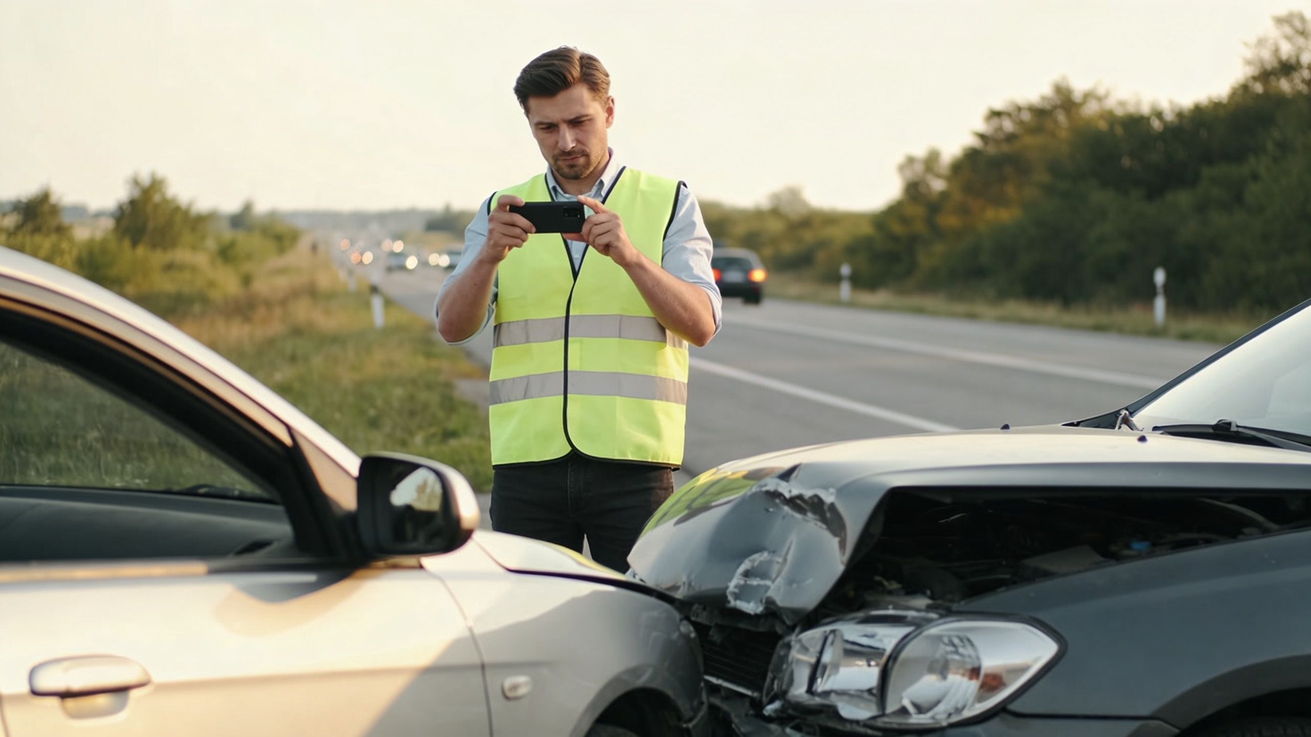 A man in a high-visibility safety vest photographs car damage with his smartphone after a traffic accident.