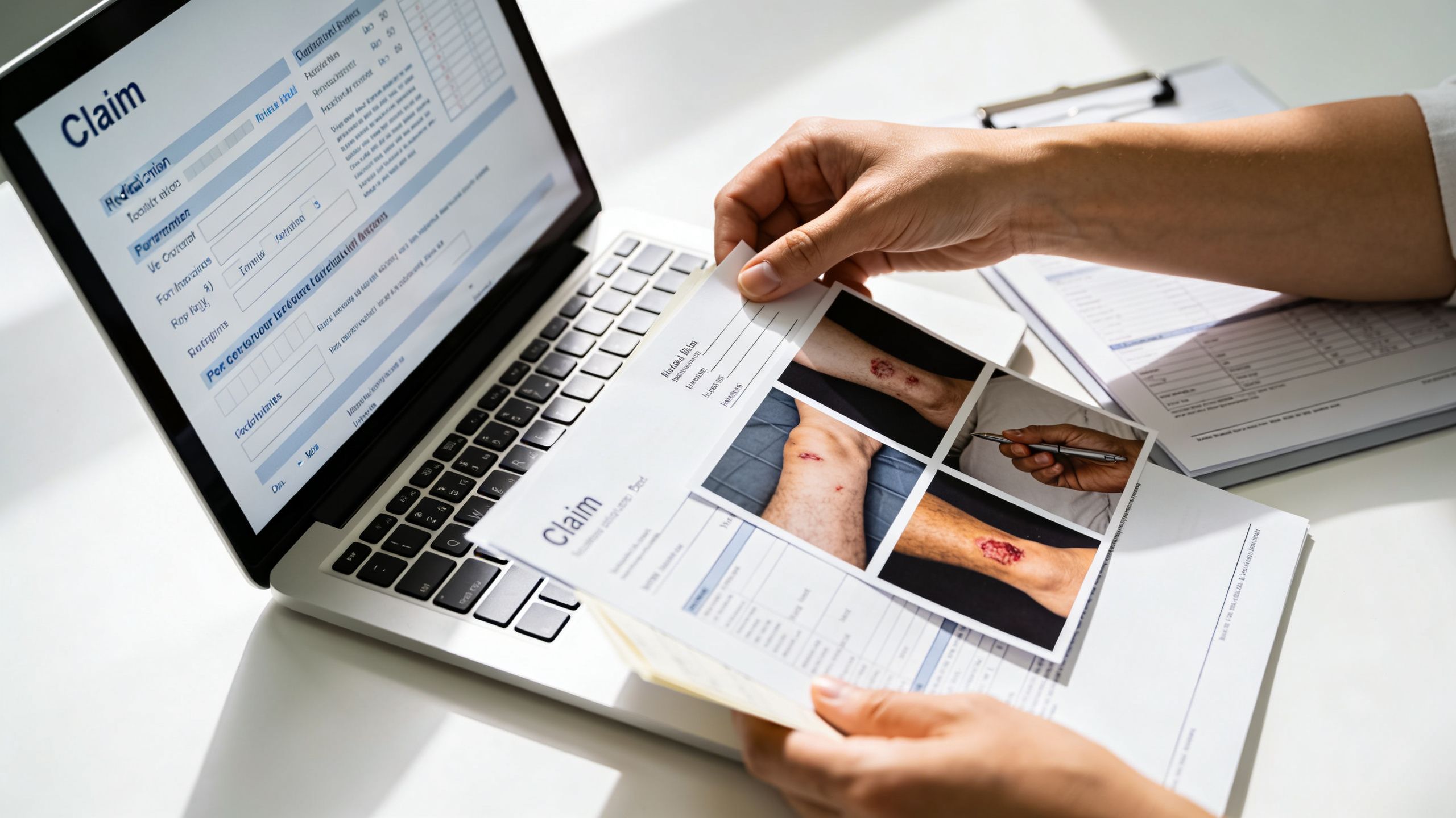 A medical professional reviewing accident injury photos and filling out an insurance claim form on a laptop.